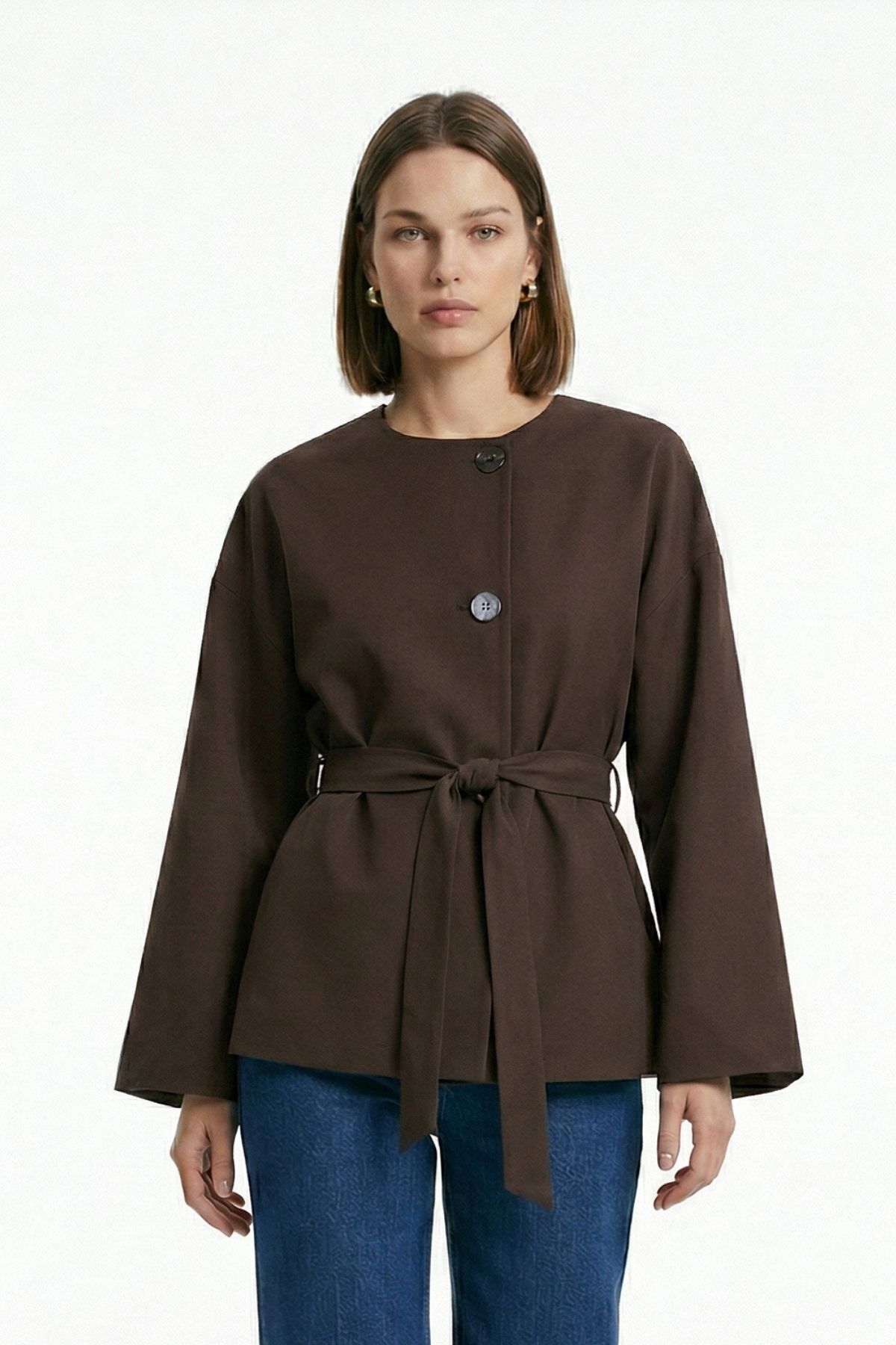 Kahve Regular Fit Bisiklet Yaka Kuşaklı Ceket 7672 - 2