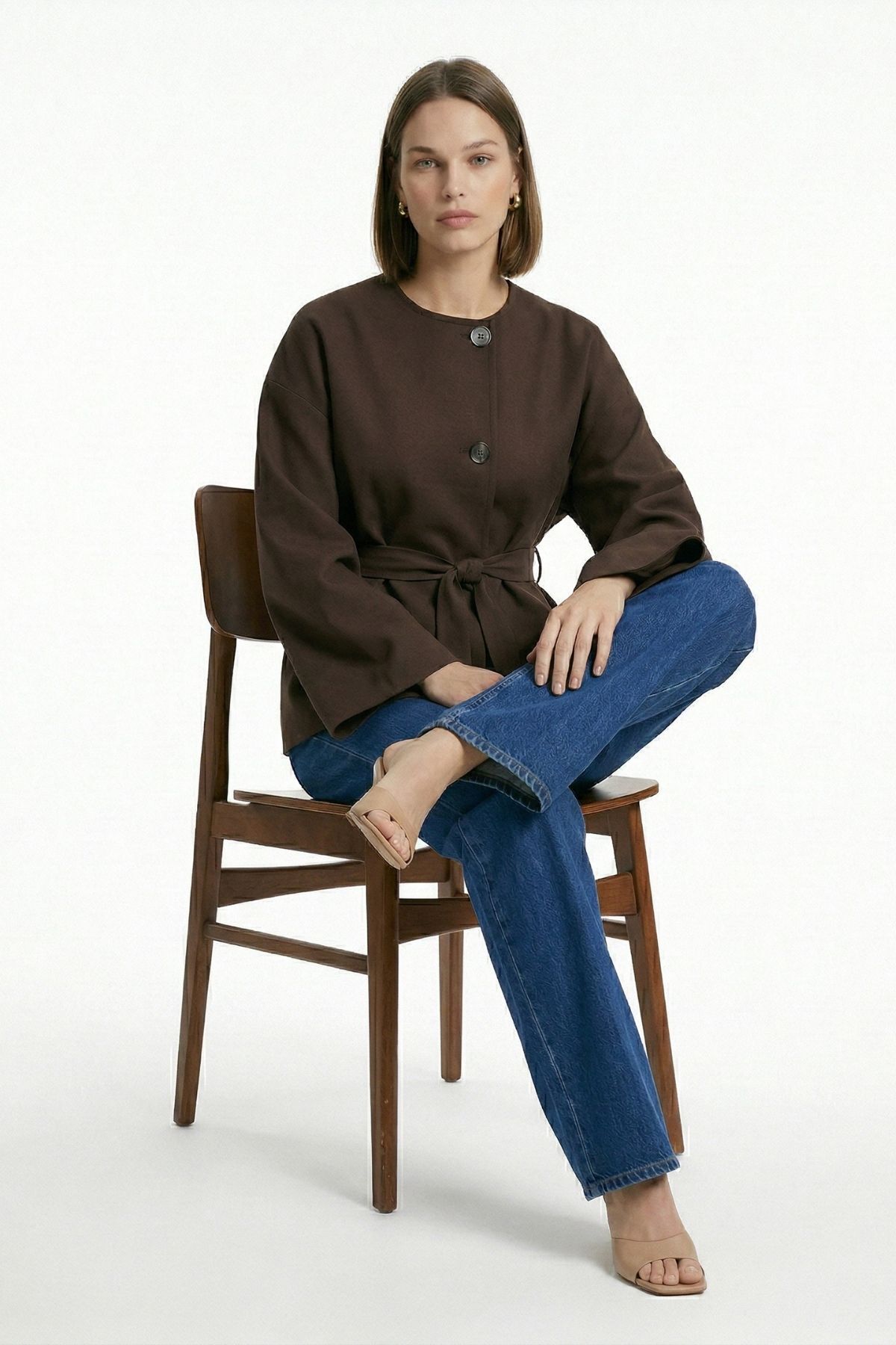 Kahve Regular Fit Bisiklet Yaka Kuşaklı Ceket 7672 - 1