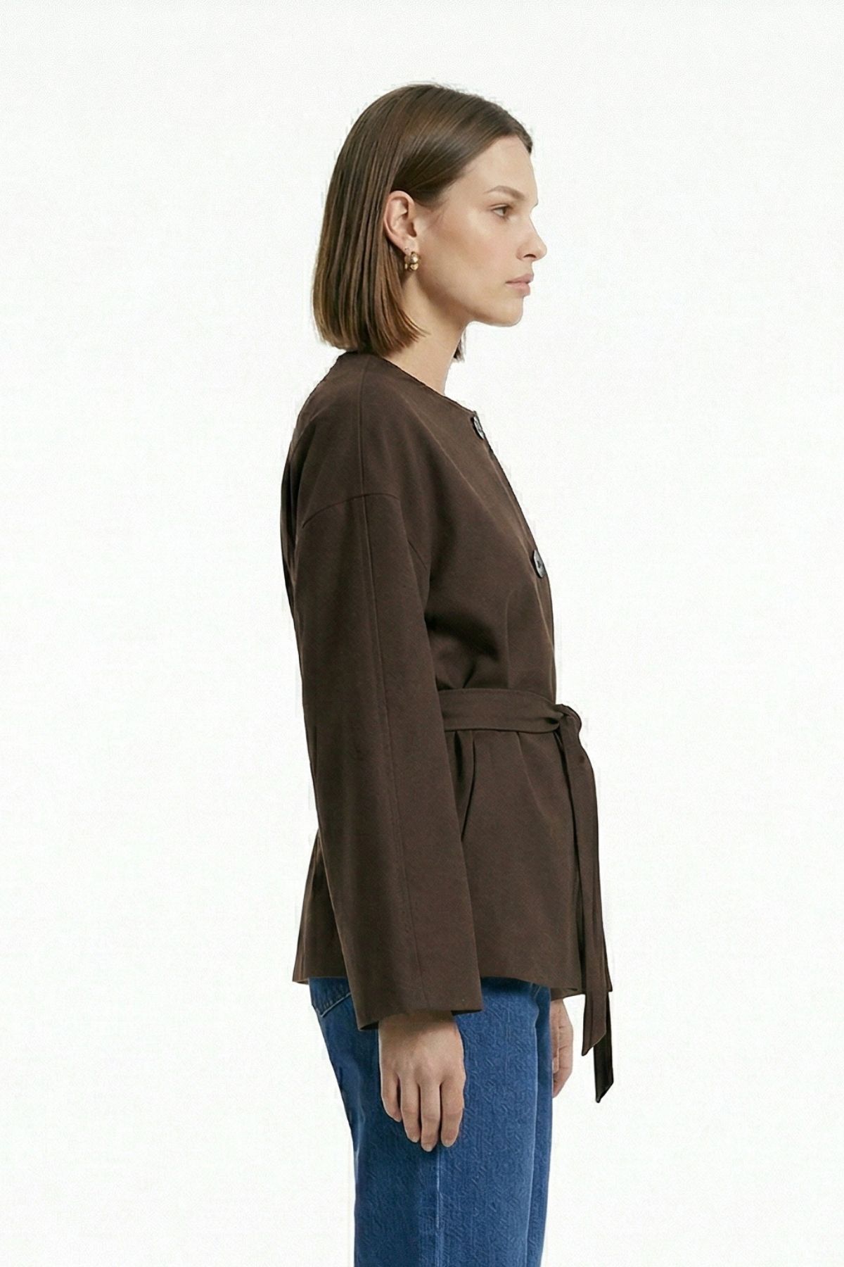 Kahve Regular Fit Bisiklet Yaka Kuşaklı Ceket 7672 - RAYS