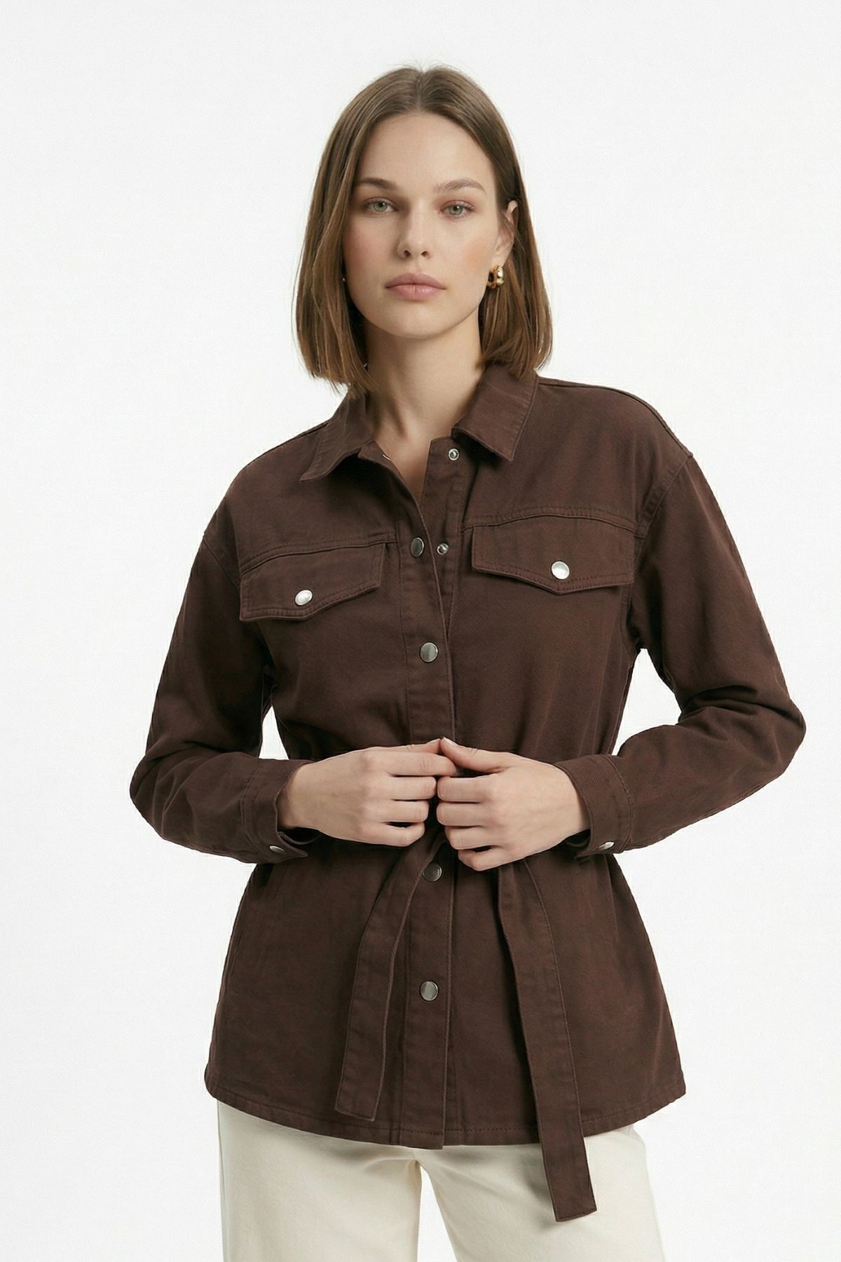 Kahve Sahte Cep Detay Kuşaklı Ceket 218 