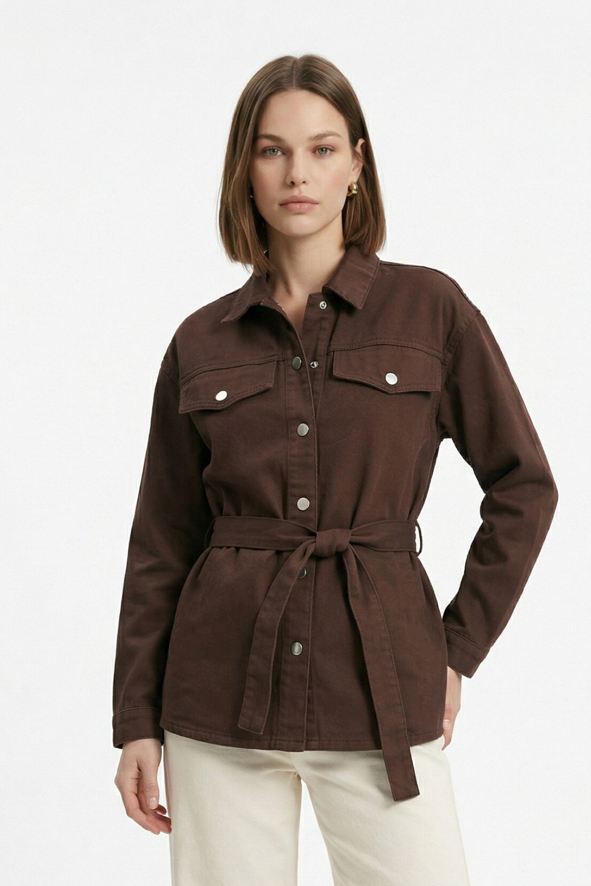 Kahve Sahte Cep Detay Kuşaklı Ceket 218 - 2