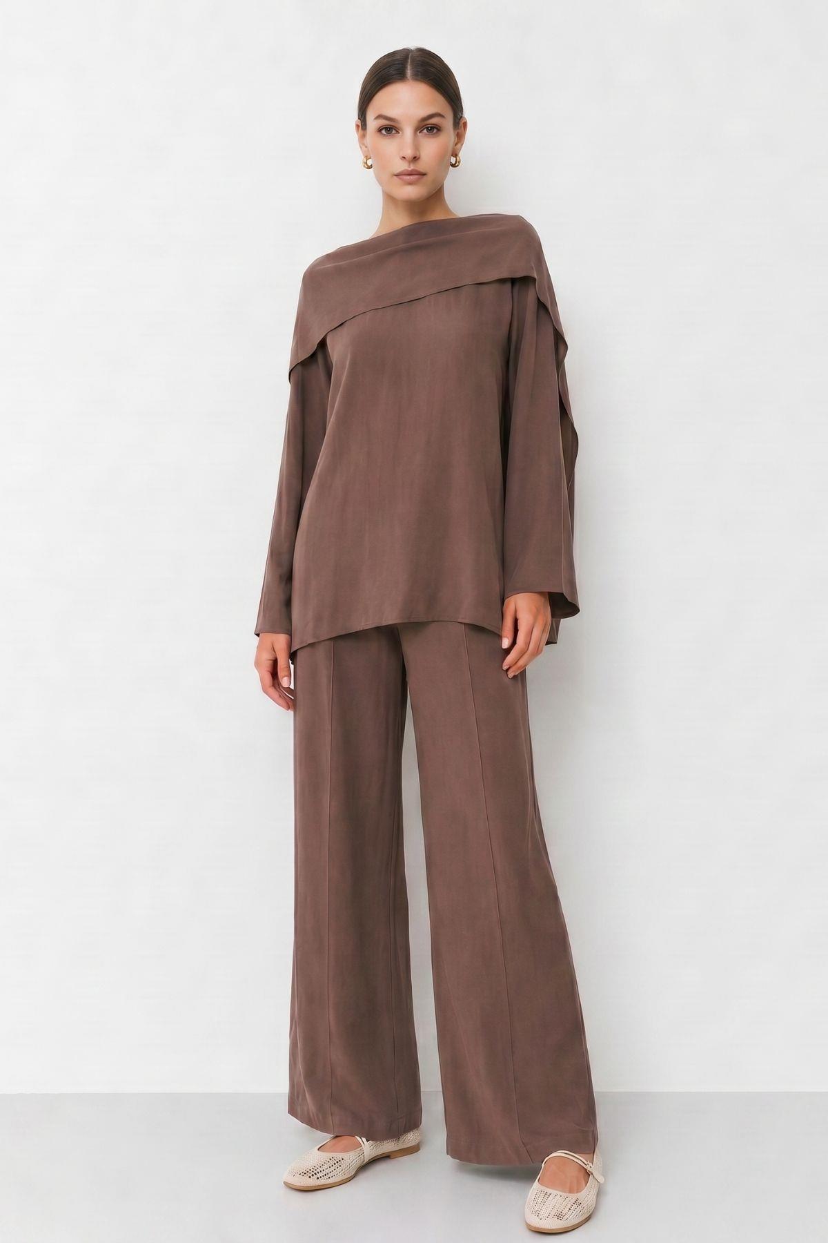 Şal Yaka Tunik Pantolon Takım 6350 Kahve - RAYS