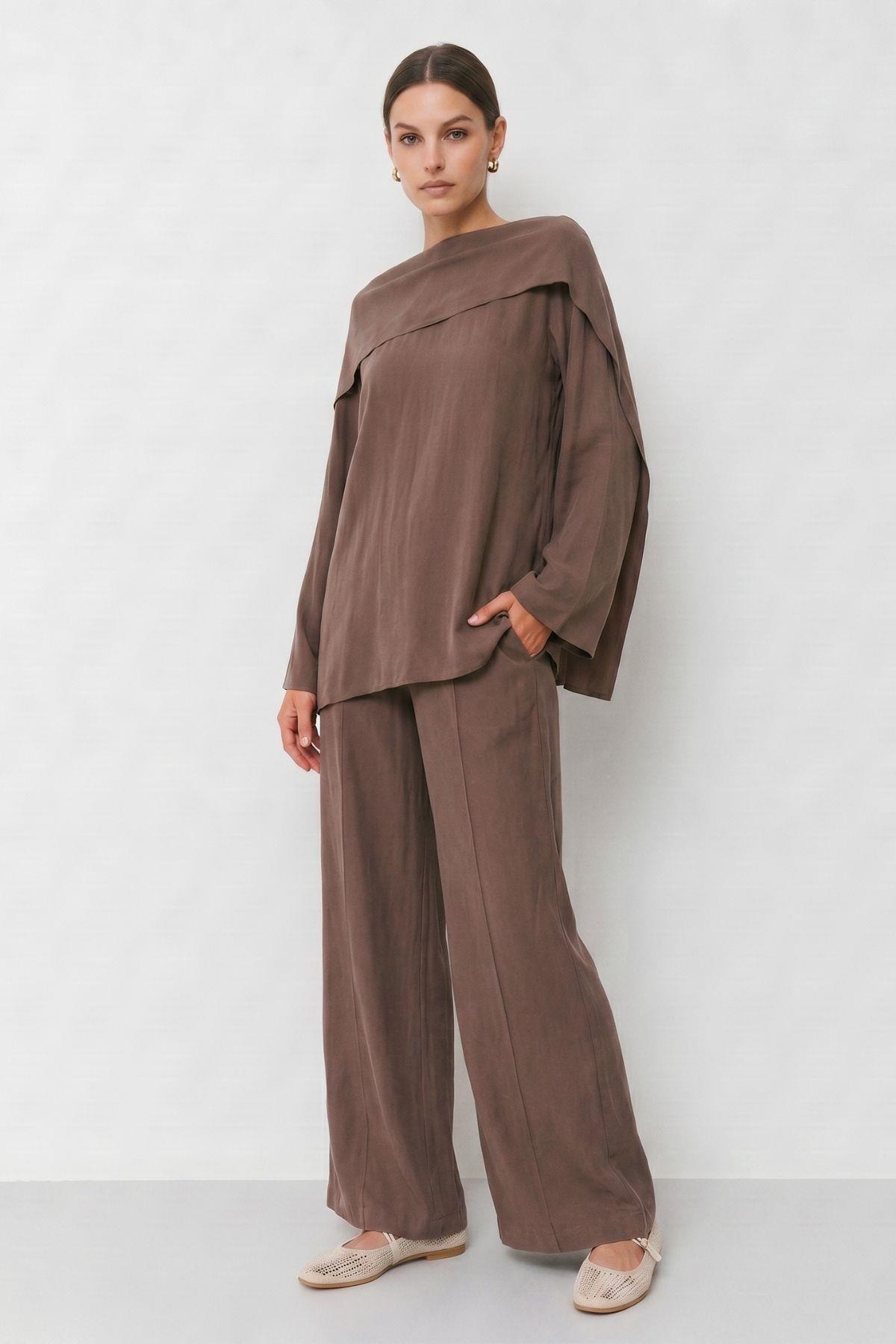 Şal Yaka Tunik Pantolon Takım 6350 Kahve - RAYS