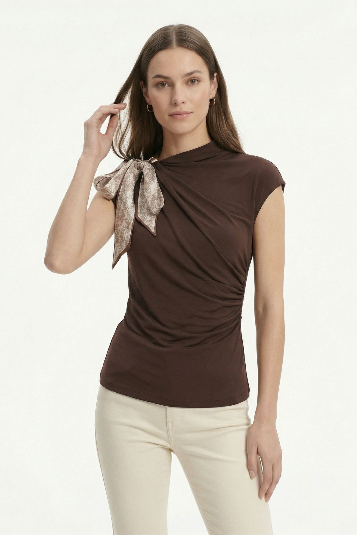 Kahve Sıfır Kol Drapeli Fularlı Bluz 261137 - 3