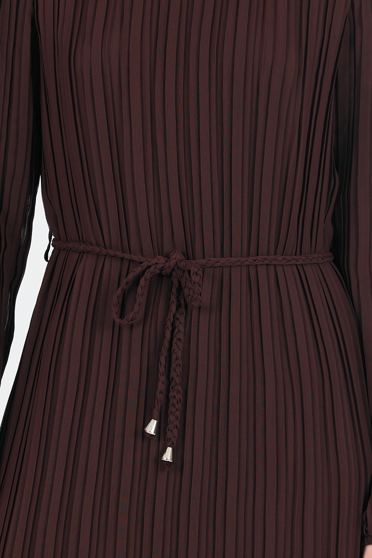 Kahve Şifon Uzun Kollu Pileli Bel Bağlamalı Midi Elbise 020 - 4