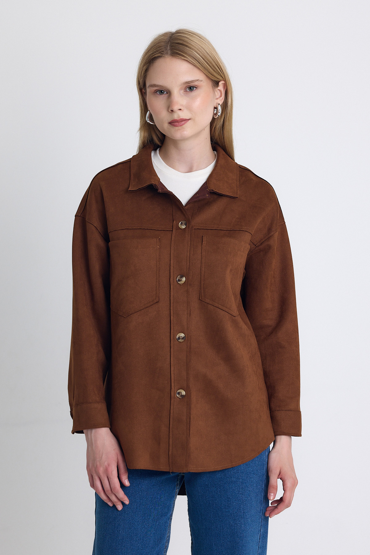Kahve Süet Görünümlü Oversize Gömlek Ceket 7325A - 1