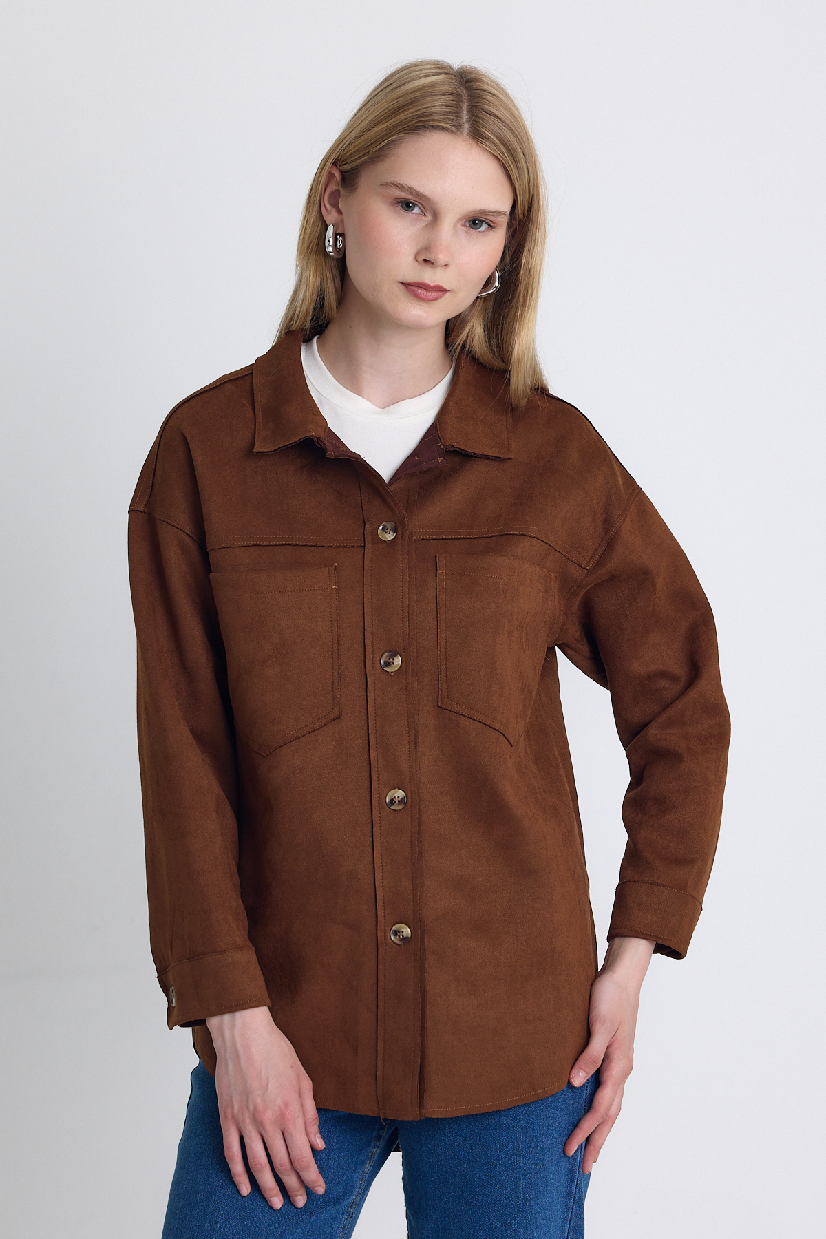 Kahve Süet Görünümlü Oversize Gömlek Ceket 7325A - 6