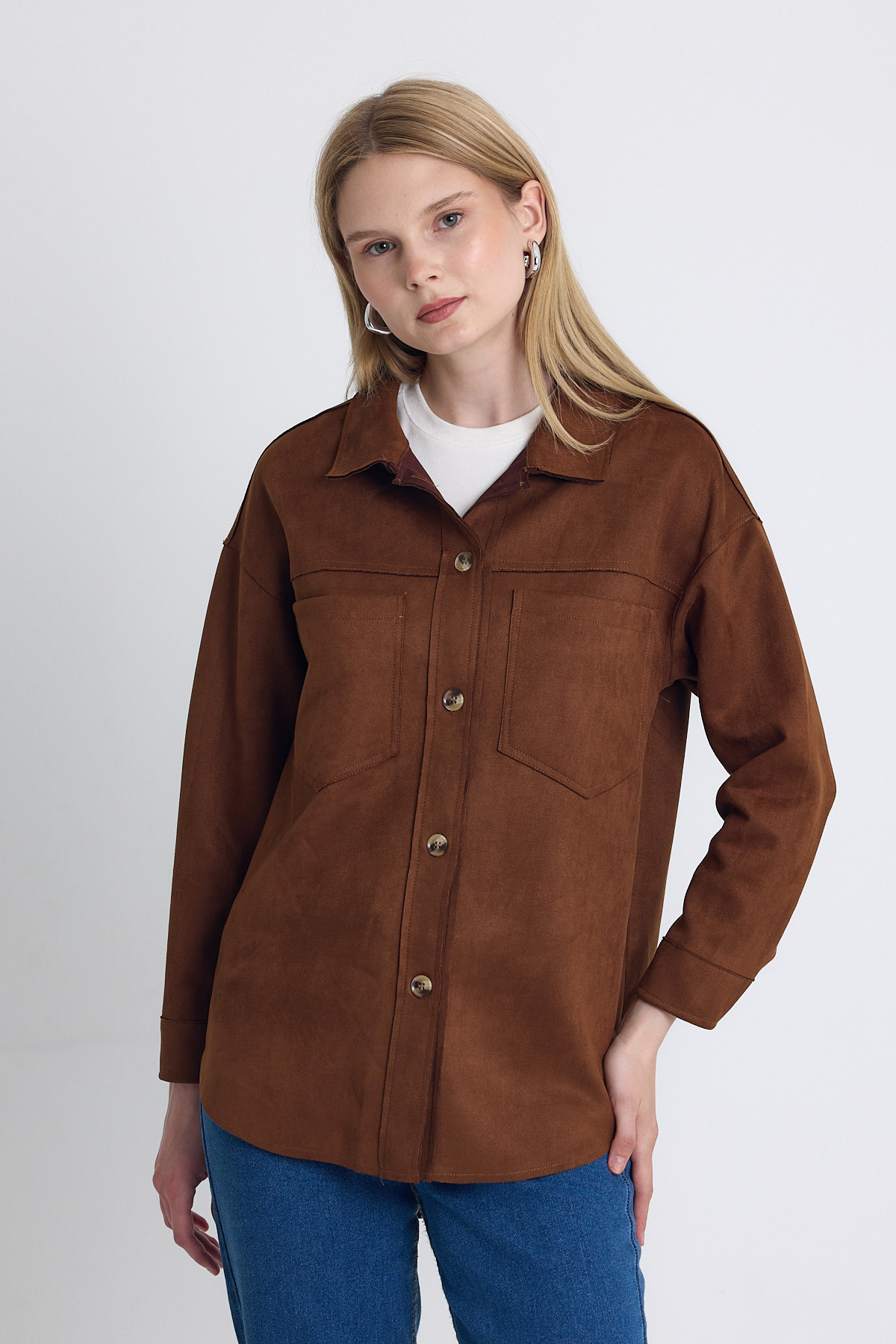 Kahve Süet Görünümlü Oversize Gömlek Ceket 7325A - 2