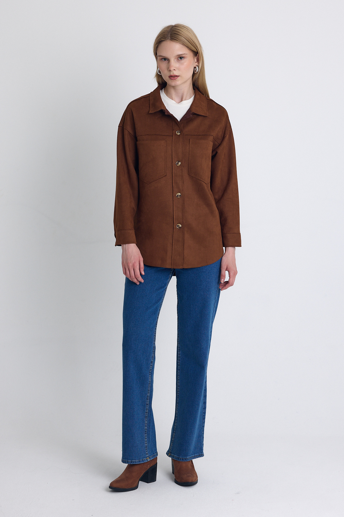 Kahve Süet Görünümlü Oversize Gömlek Ceket 7325A - 3