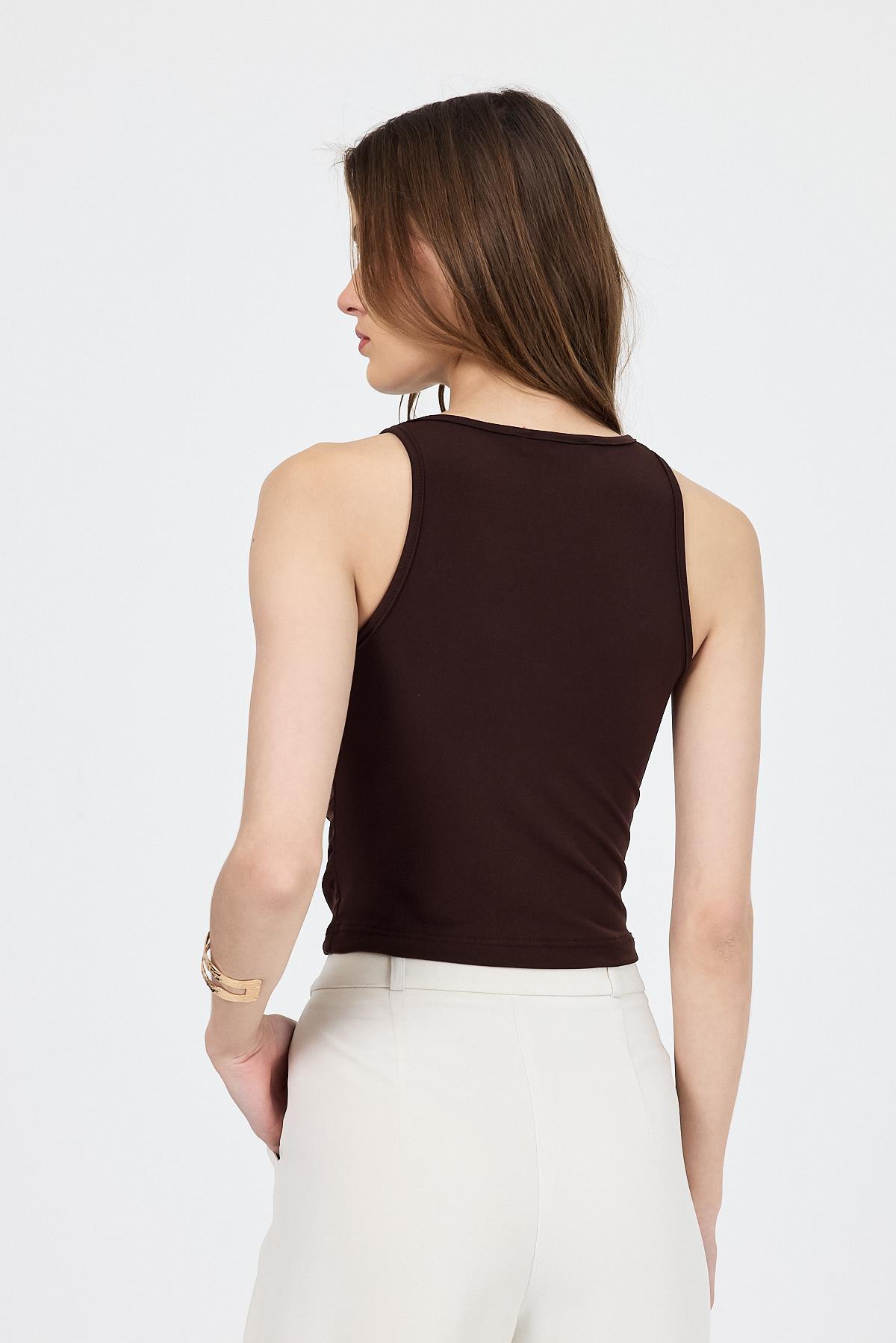 Kahve U Yaka Büzgülü Düğmeli Atlet 13298 - 5