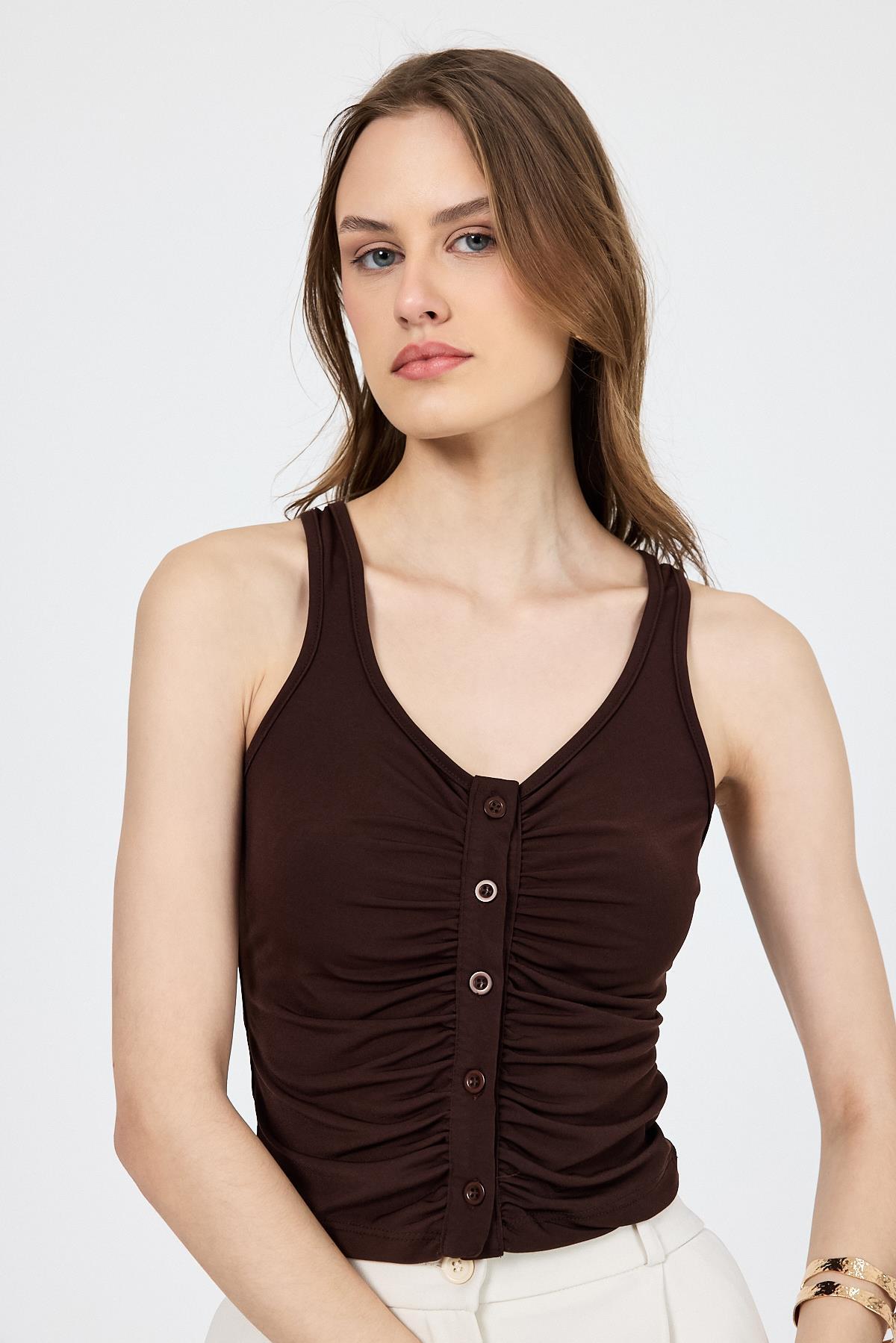 Kahve U Yaka Büzgülü Düğmeli Atlet 13298 - 7