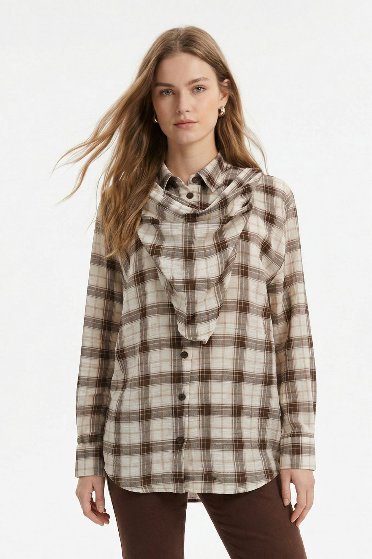 Kahve Üçgen Fularlı Oversize Ekose Gömlek 5484 - 1