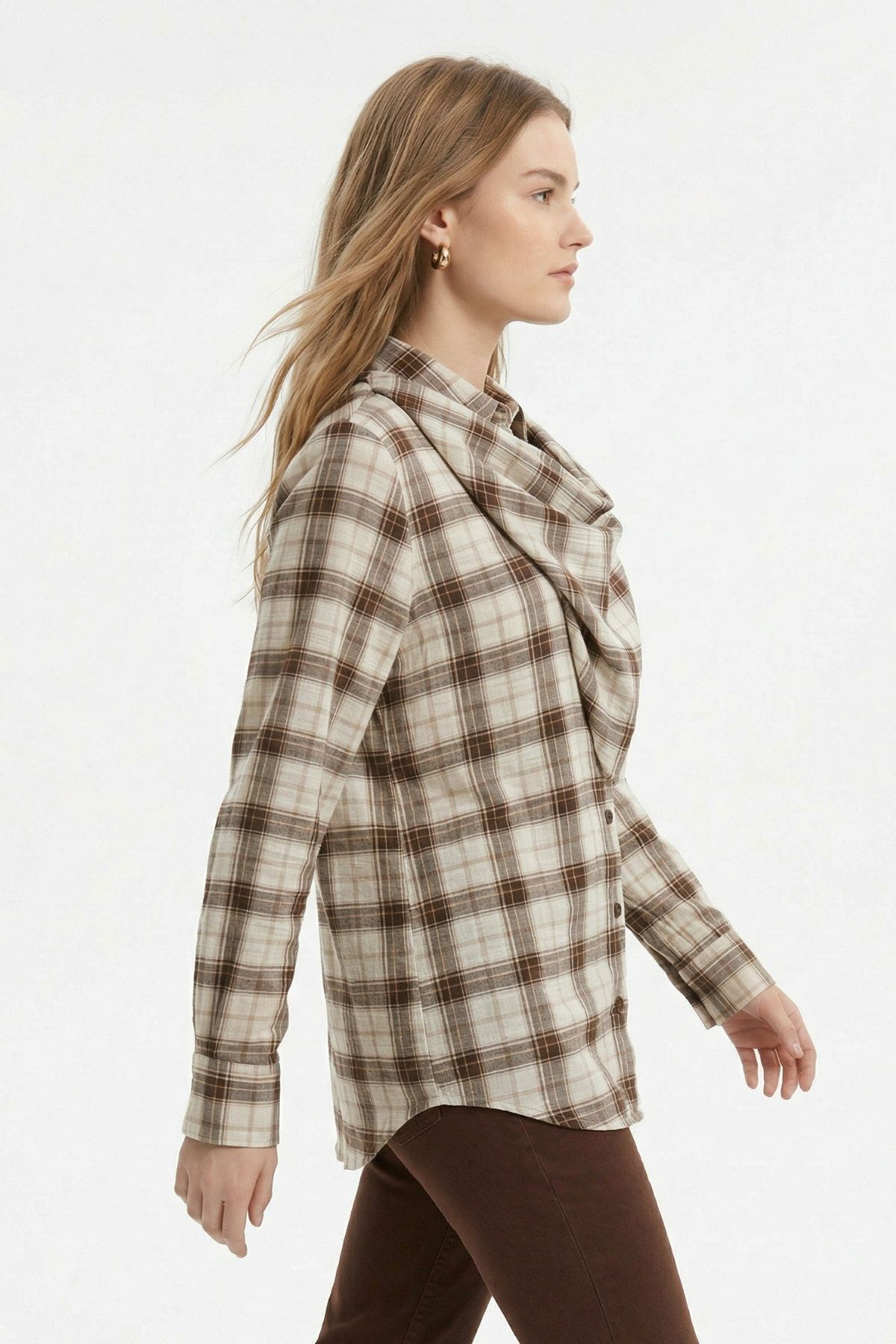 Kahve Üçgen Fularlı Oversize Ekose Gömlek 5484 - 2