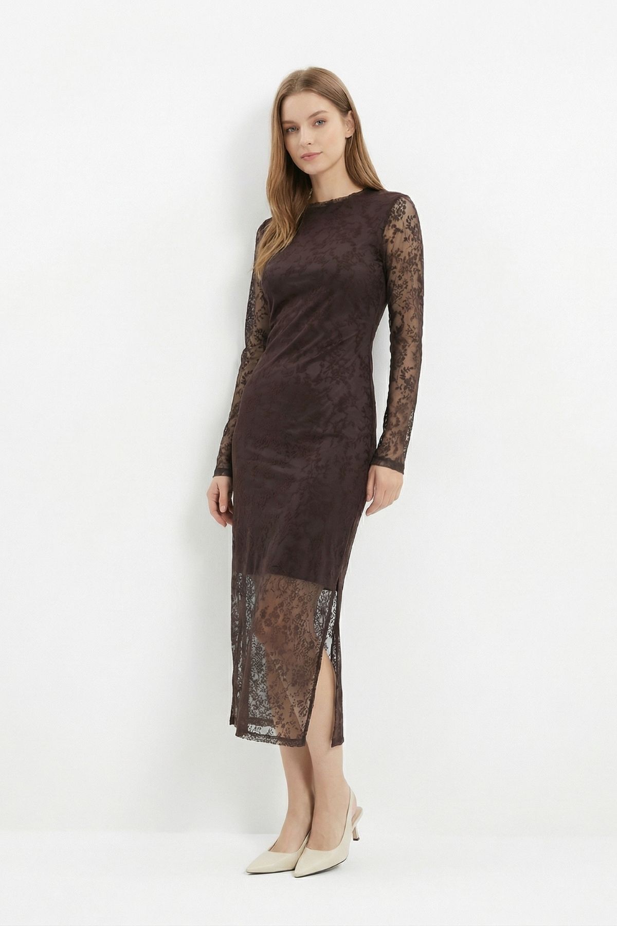 Kahve Uzun Kalem Elbise 8517A - RAYS (1)