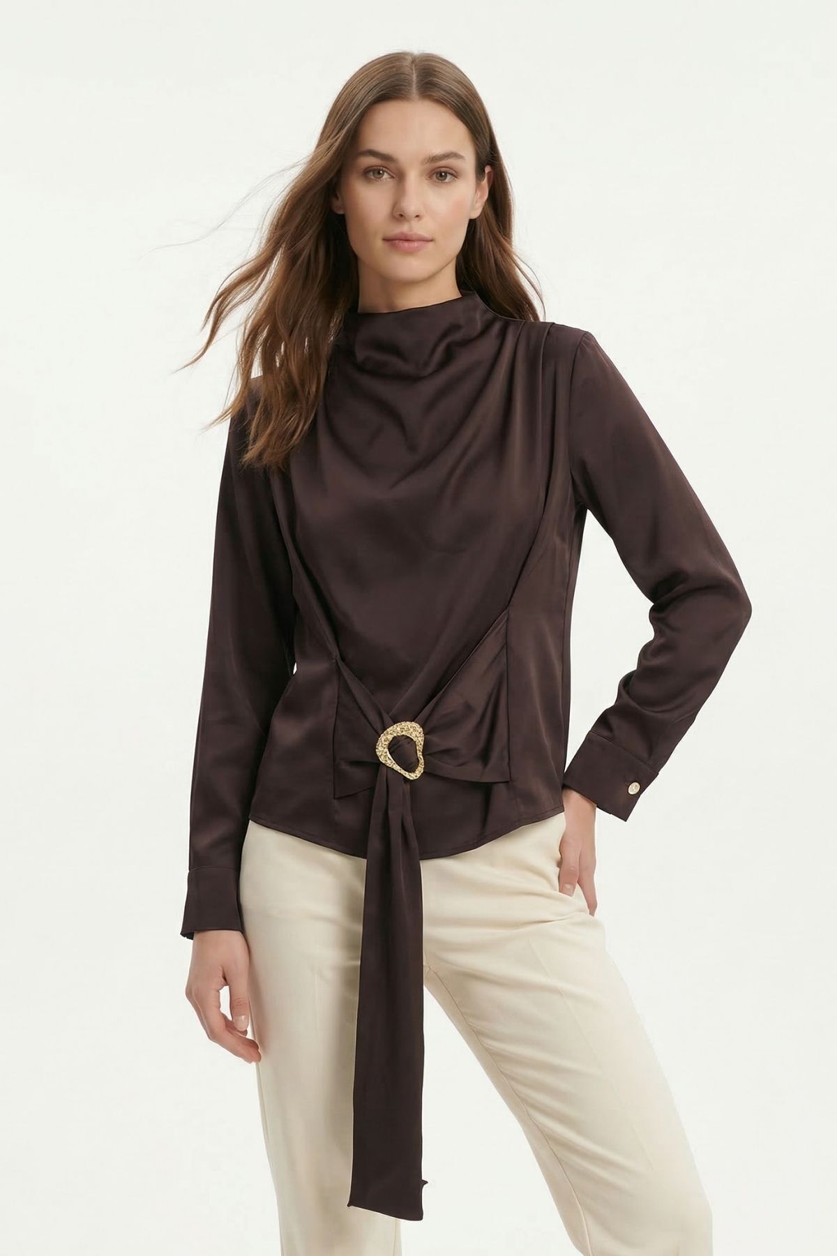 Kahve Uzun Kol Bel Detay Bluz 261109 - RAYS