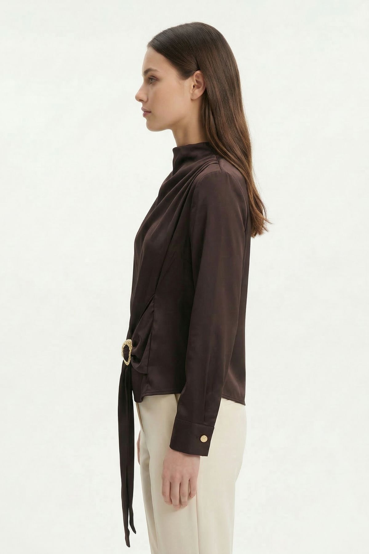 Kahve Uzun Kol Bel Detay Bluz 261109 - RAYS (1)