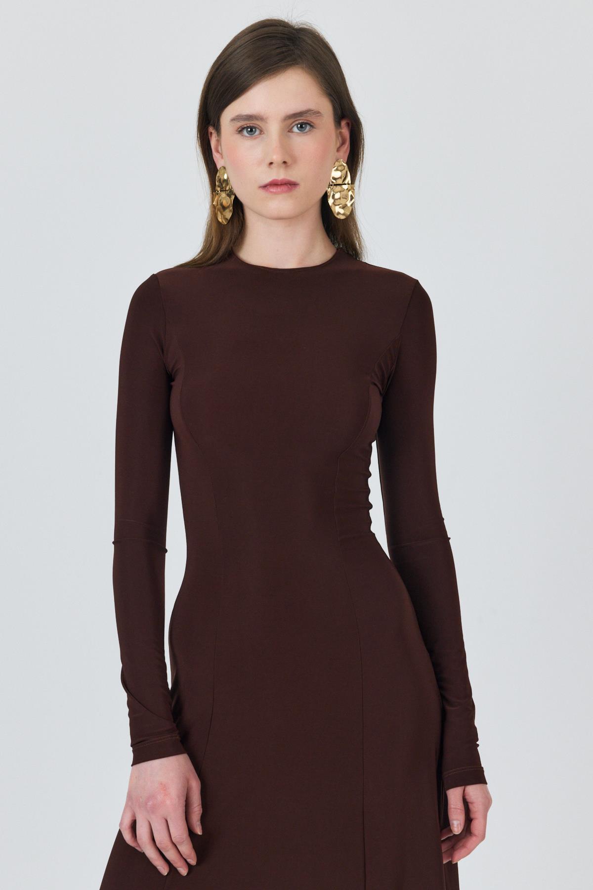 Kahve Uzun Kollu Esnek Kumaş Maxi Elbise 2510 - 3