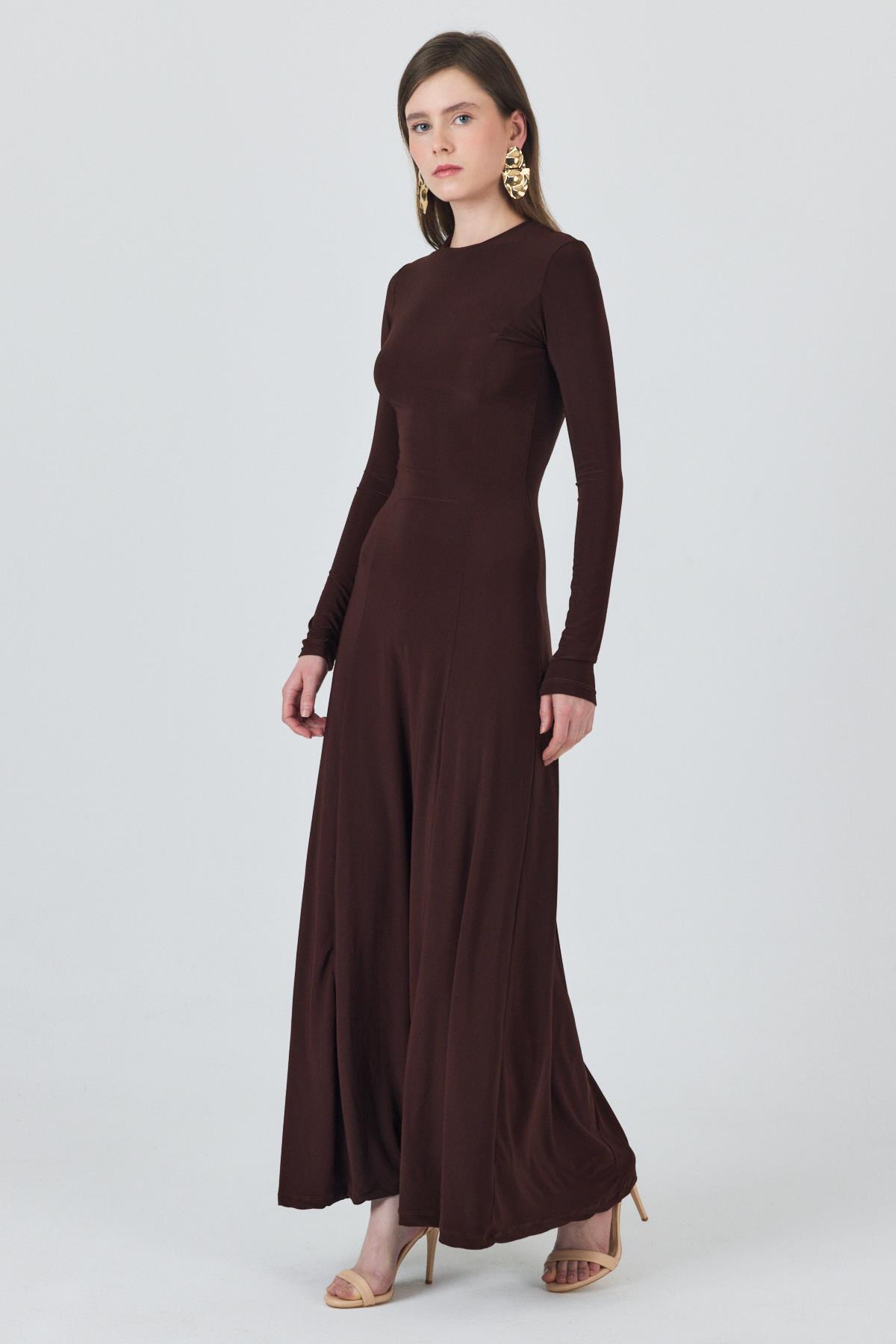 Kahve Uzun Kollu Esnek Kumaş Maxi Elbise 2510 - 6
