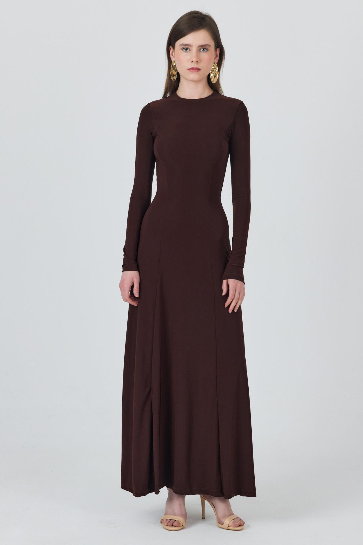 Kahve Uzun Kollu Esnek Kumaş Maxi Elbise 2510 - 2