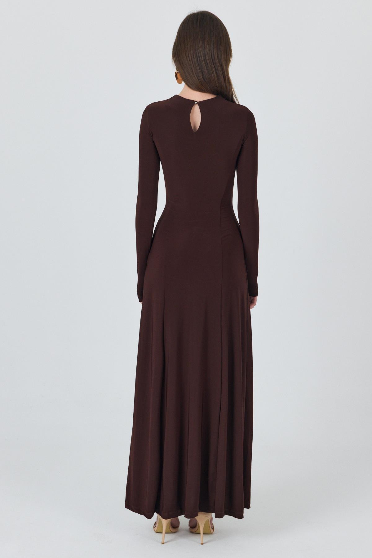 Kahve Uzun Kollu Esnek Kumaş Maxi Elbise 2510 - 5