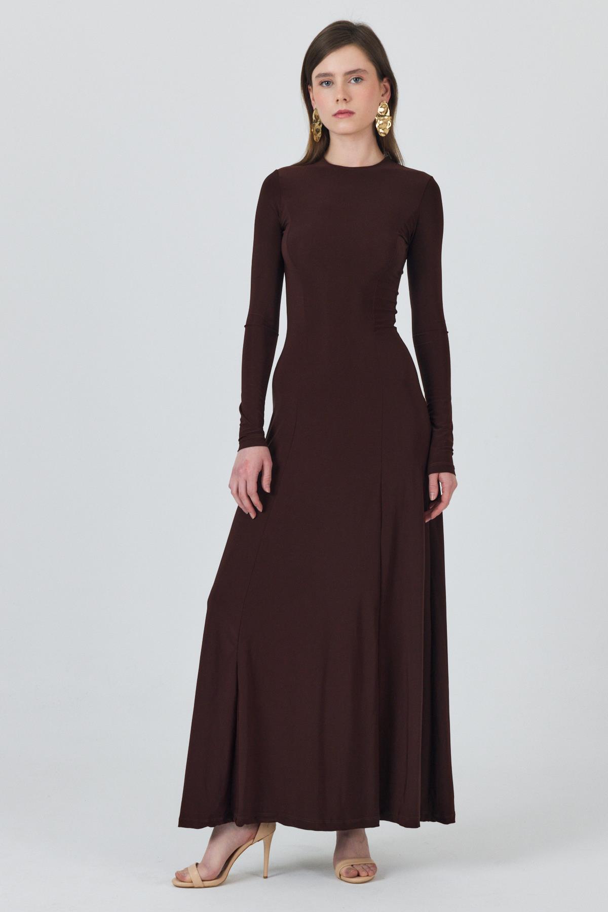 Kahve Uzun Kollu Esnek Kumaş Maxi Elbise 2510 - 1