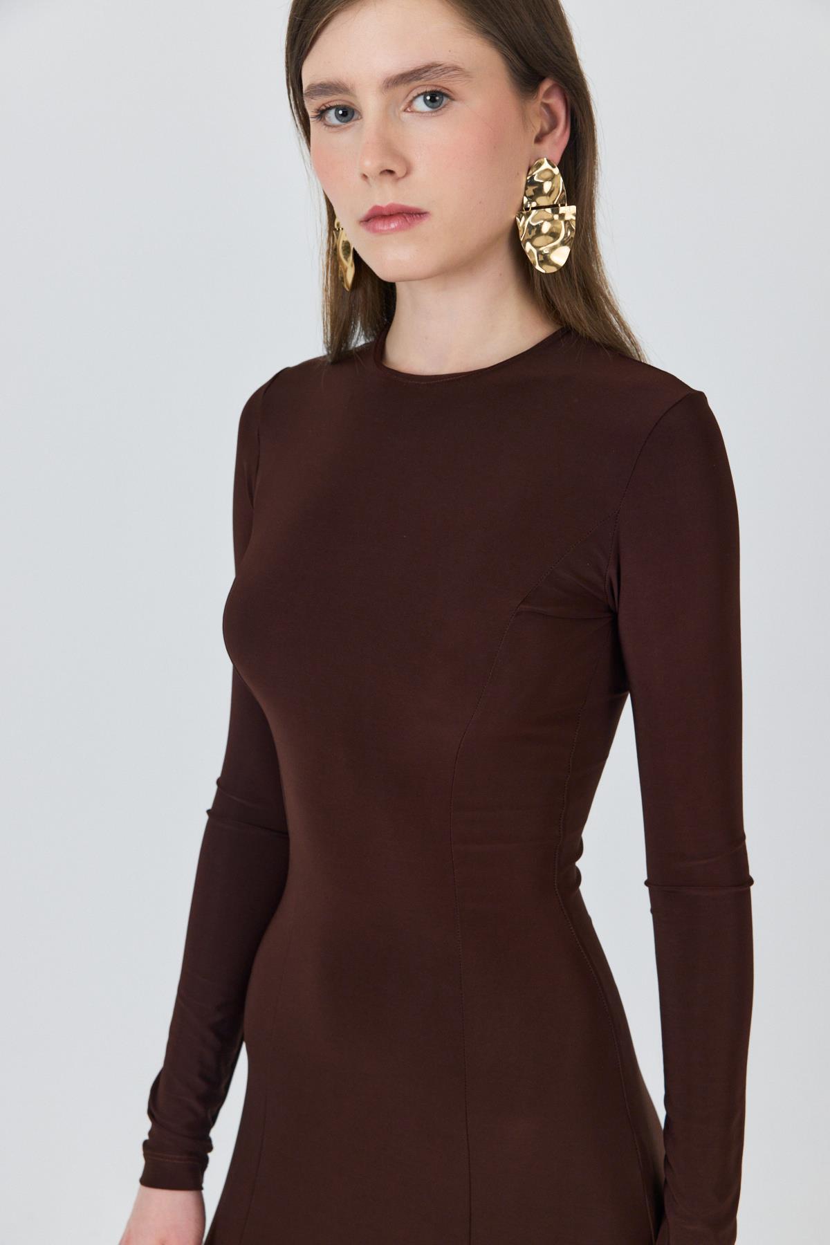 Kahve Uzun Kollu Esnek Kumaş Maxi Elbise 2510 - 4