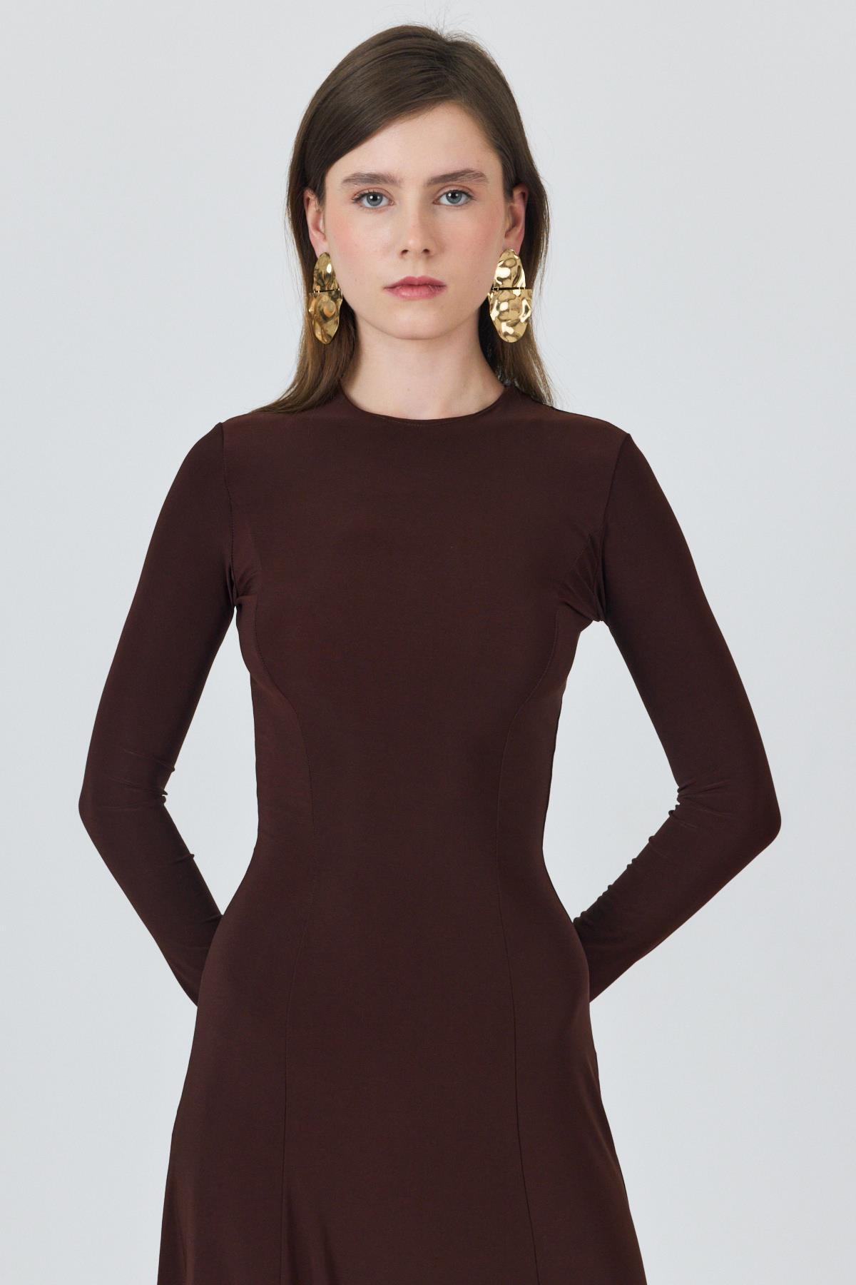 Kahve Uzun Kollu Esnek Kumaş Maxi Elbise 2510 - 7