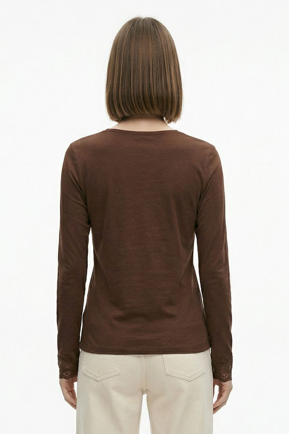 Kahve V Yaka Dantelli Uzun Kollu Bluz 0423 - 3