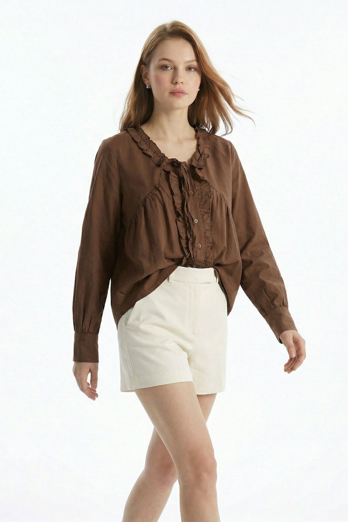 Kahve V Yaka Fırfırlı Bağlama Detay Bluz 0108 - RAYS