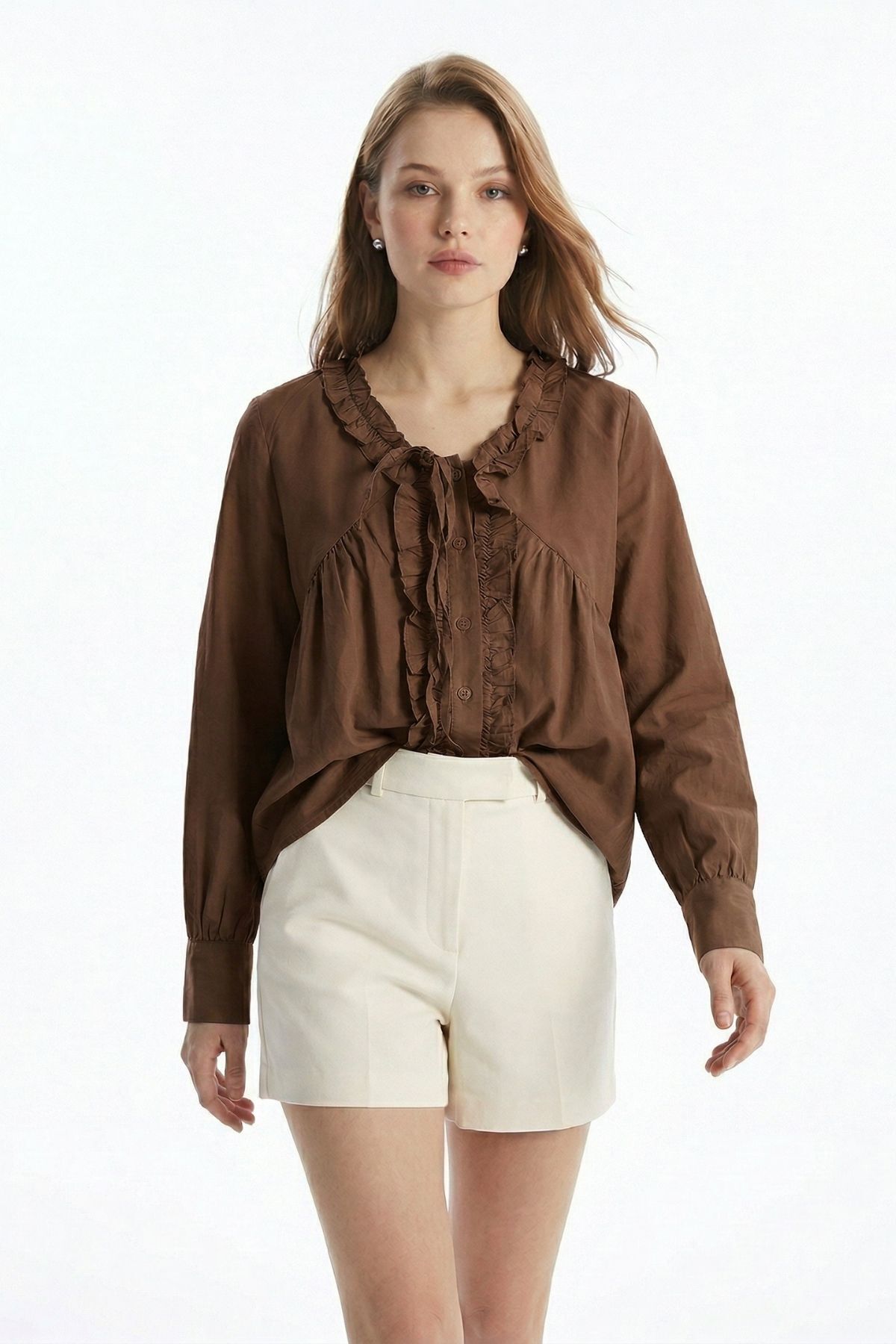 Kahve V Yaka Fırfırlı Bağlama Detay Bluz 0108 - RAYS