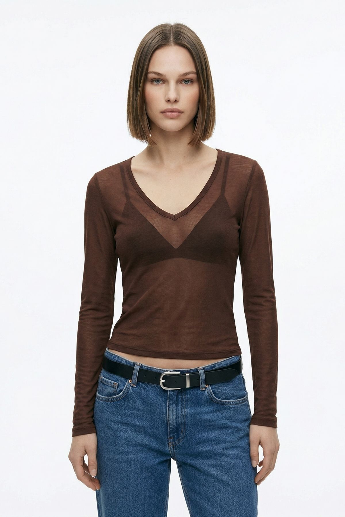 Kahve V Yaka Transparan Bluz 0418 - RAYS