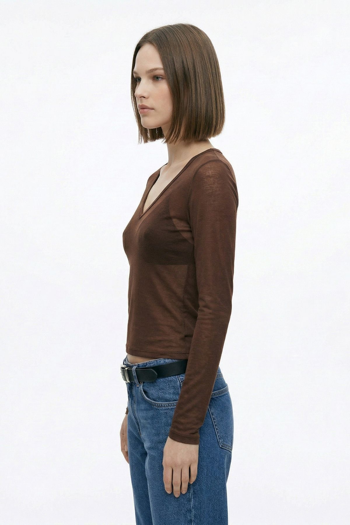 Kahve V Yaka Transparan Bluz 0418 - 2