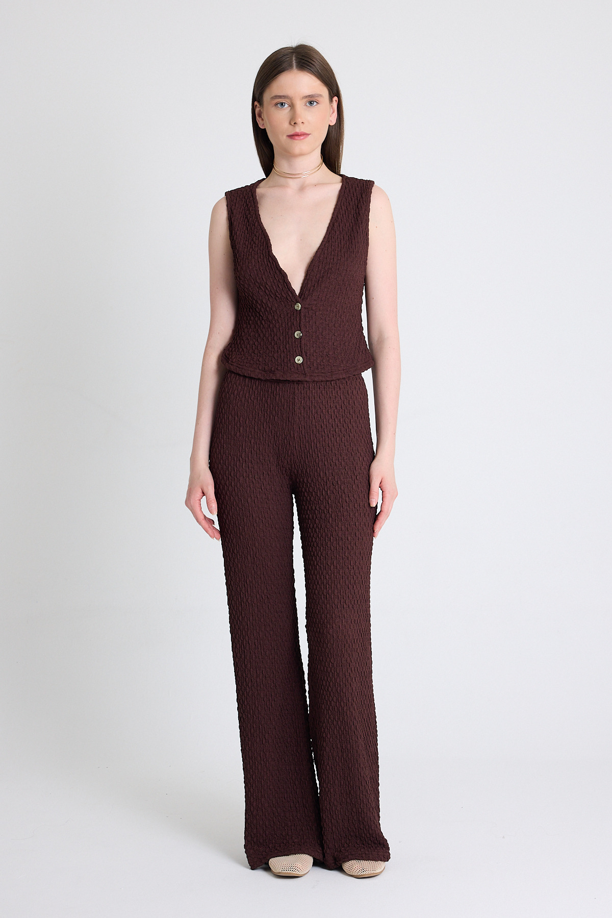 Kahve V Yaka Yelek ve Pantolon Takımı 3000 - 2