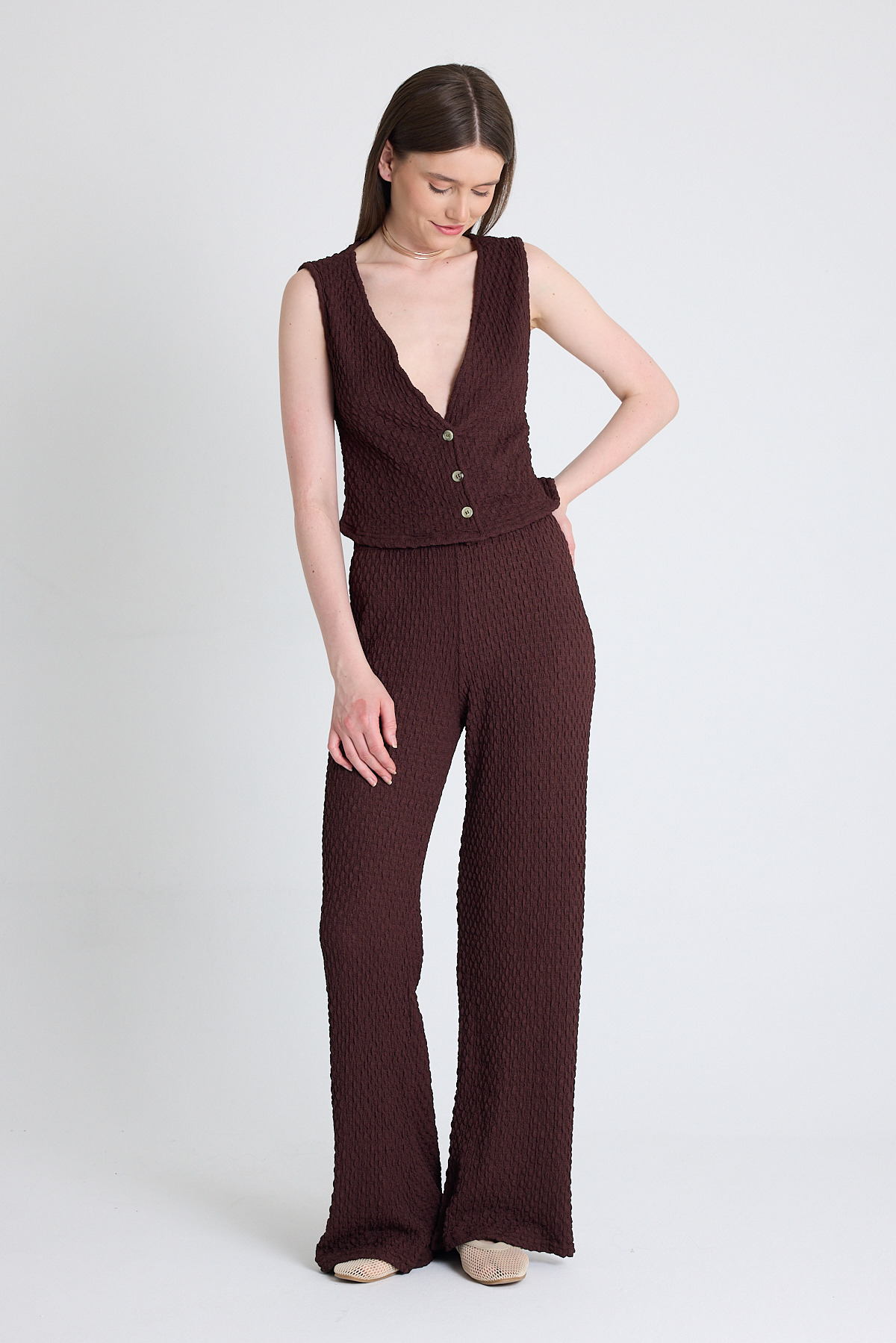 Kahve V Yaka Yelek ve Pantolon Takımı 3000 - 1