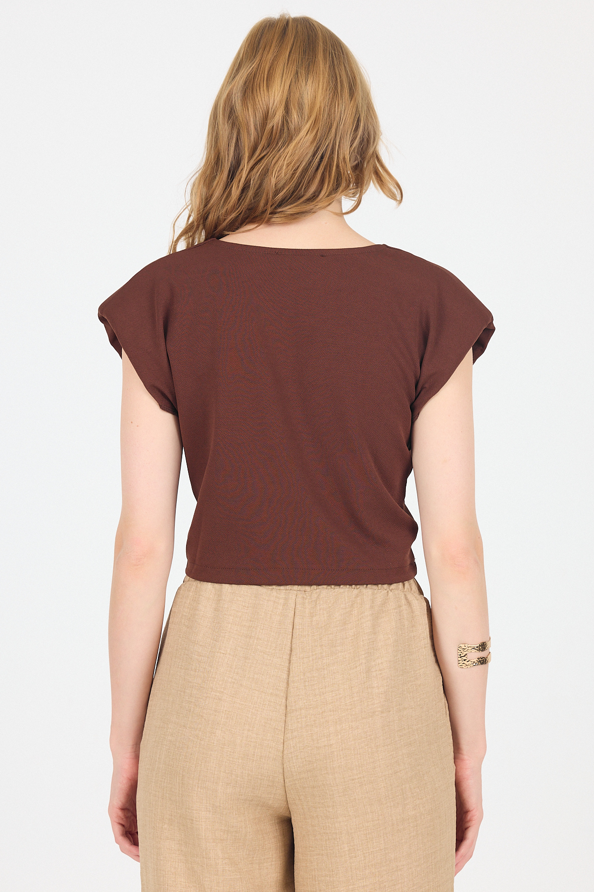 Kahve Vatkalı V Yaka Kruvaze Crop Bluz 4227 - 5