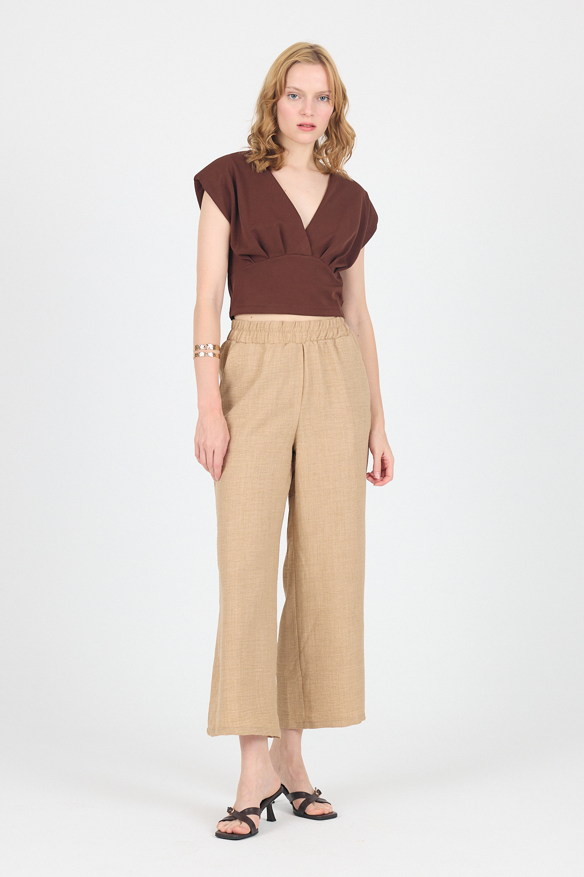 Kahve Vatkalı V Yaka Kruvaze Crop Bluz 4227 - 3