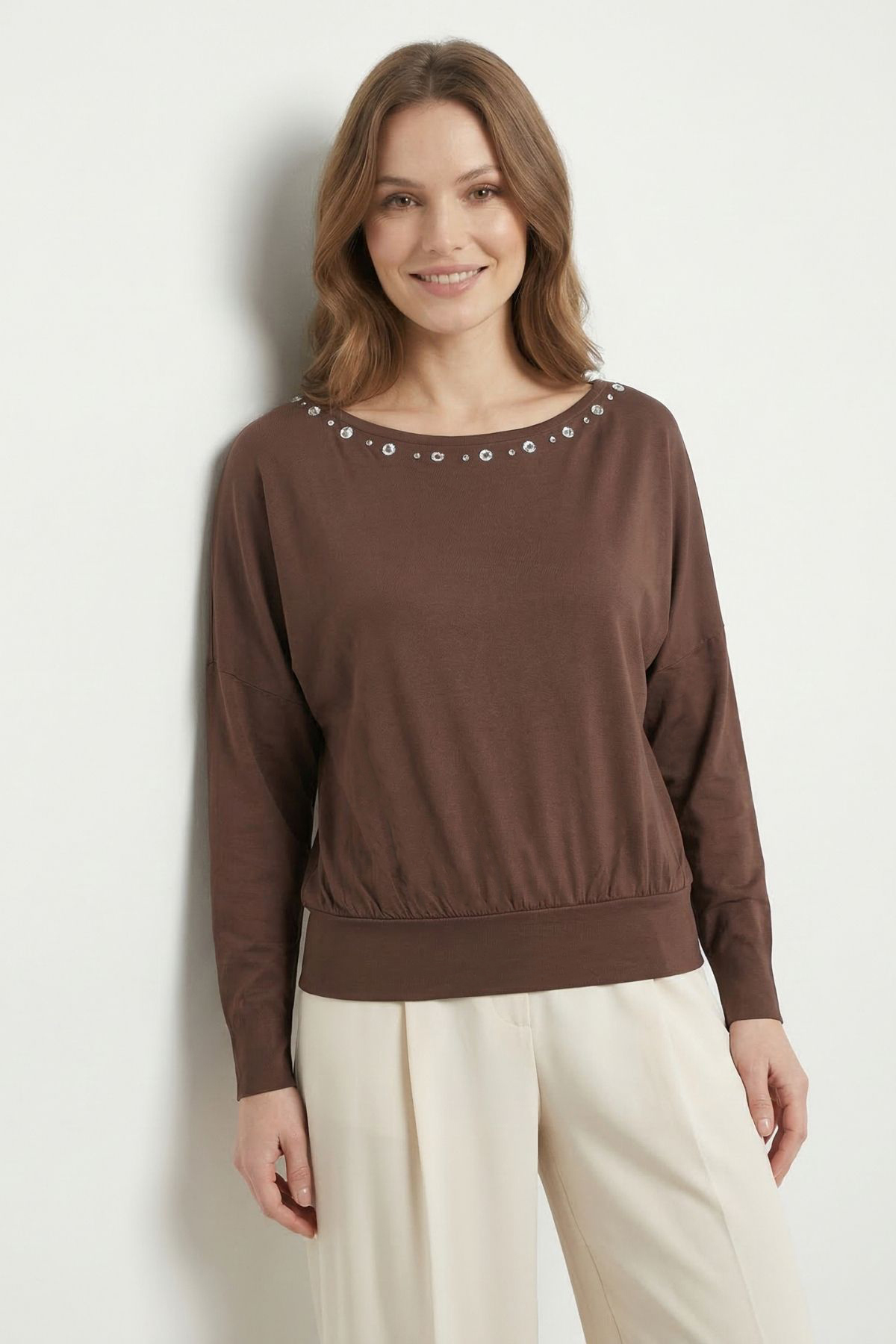 Kahve Yaka Kuş Göz Detay Bluz 7848 
