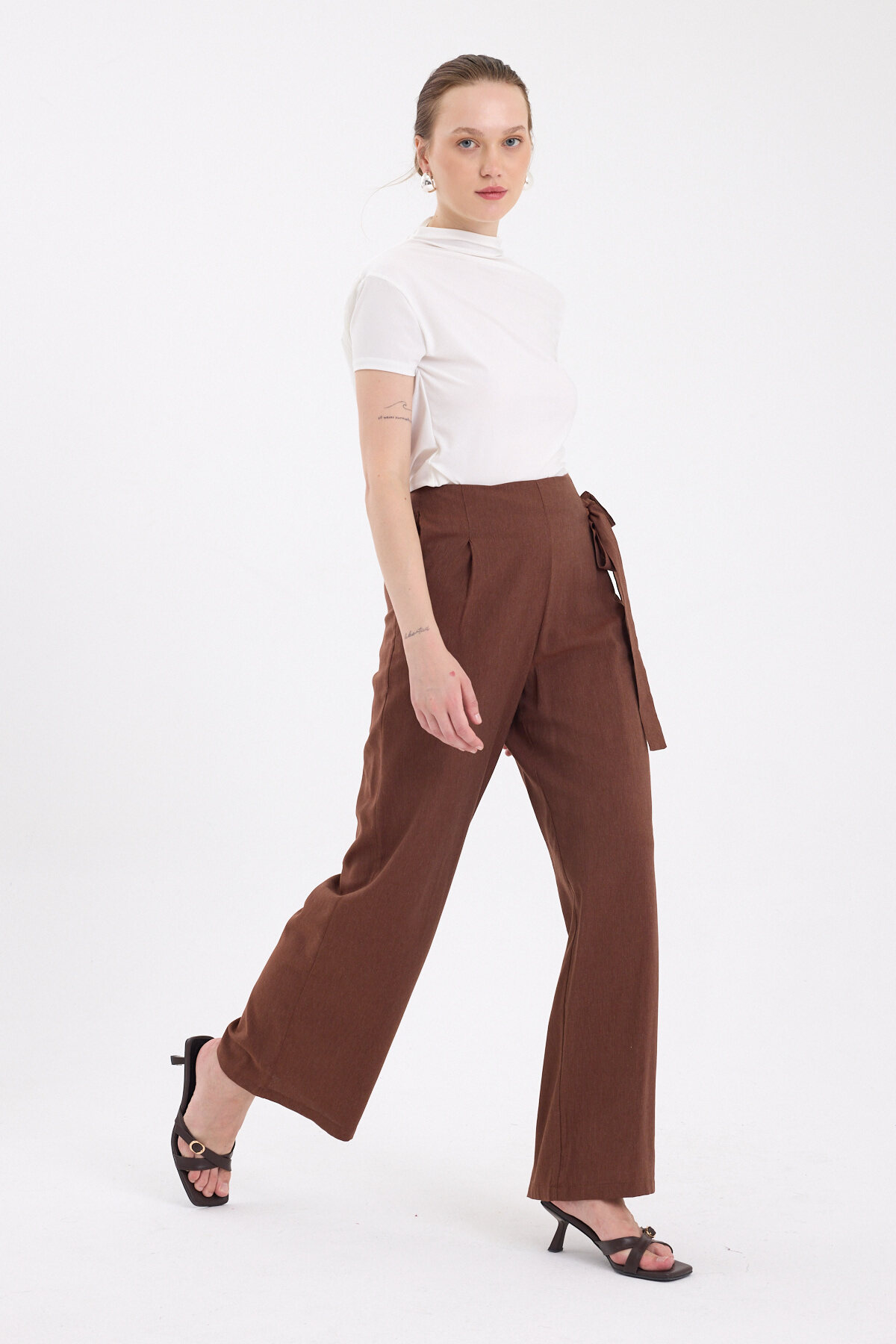 Kahve Yan Bağlama Detaylı Palazzo Kadın Pantolon 4779A - 6