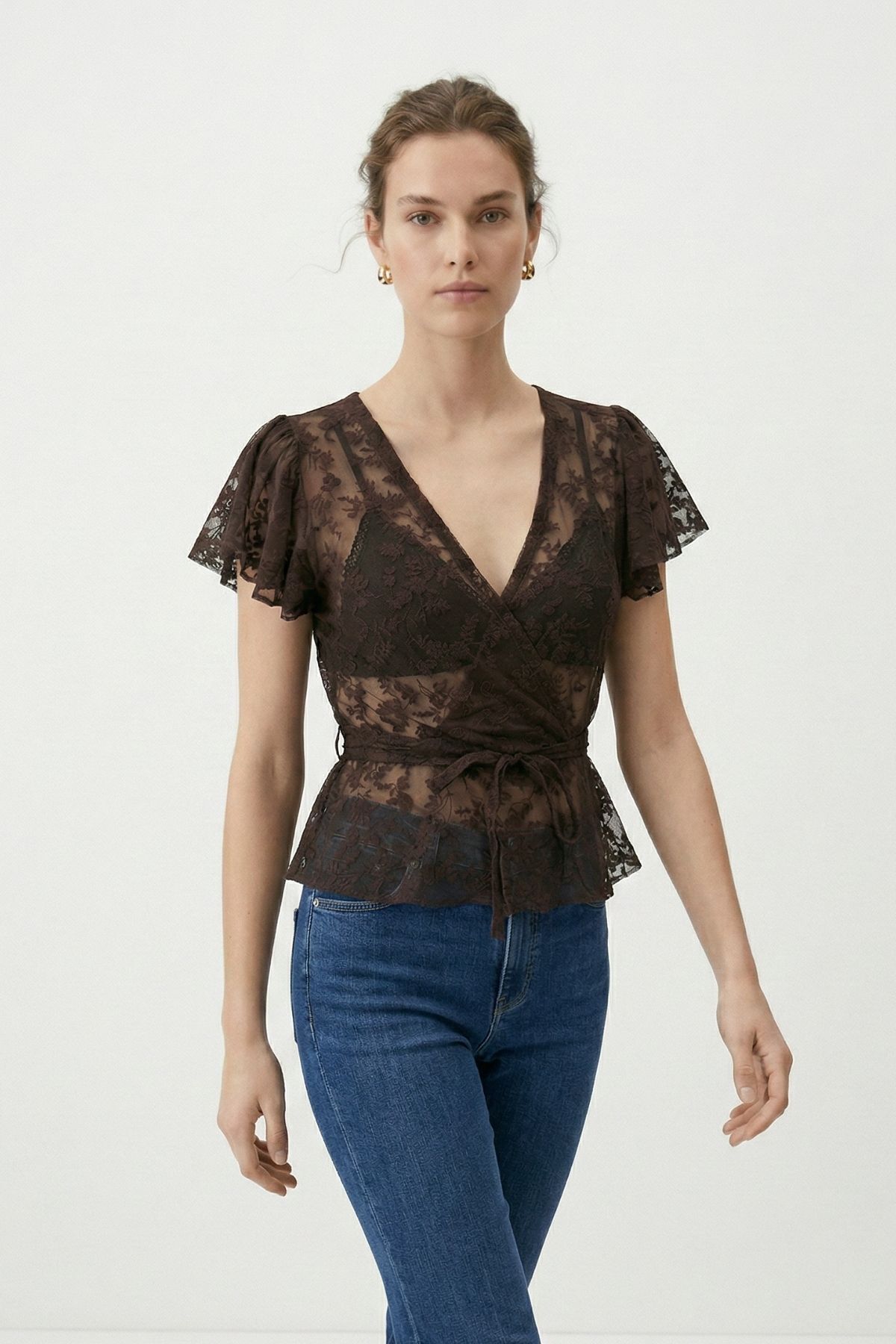 Kahve Yandan Bağlamalı Dantelli Bluz 0148 - RAYS