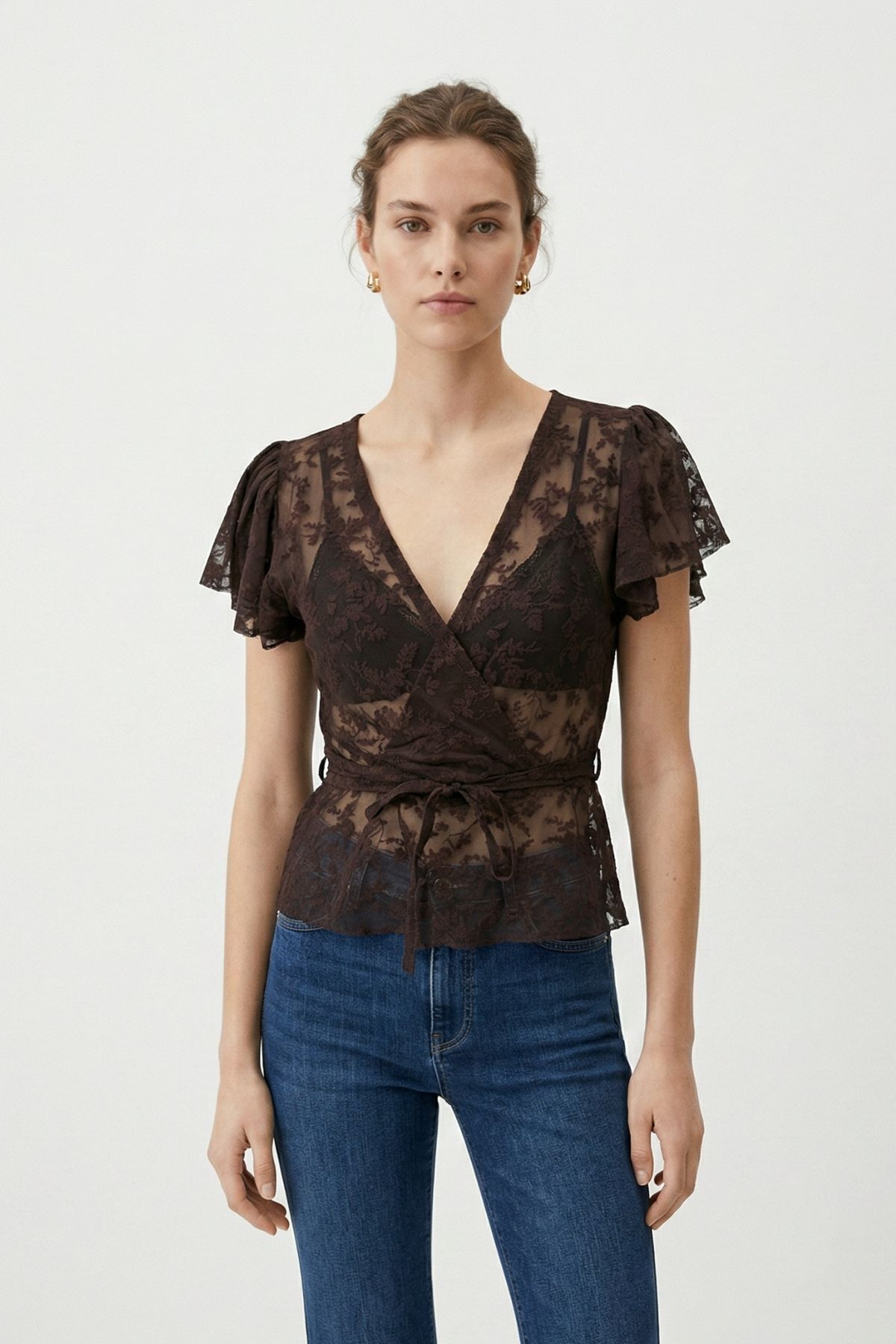 Kahve Yandan Bağlamalı Dantelli Bluz 0148 - RAYS