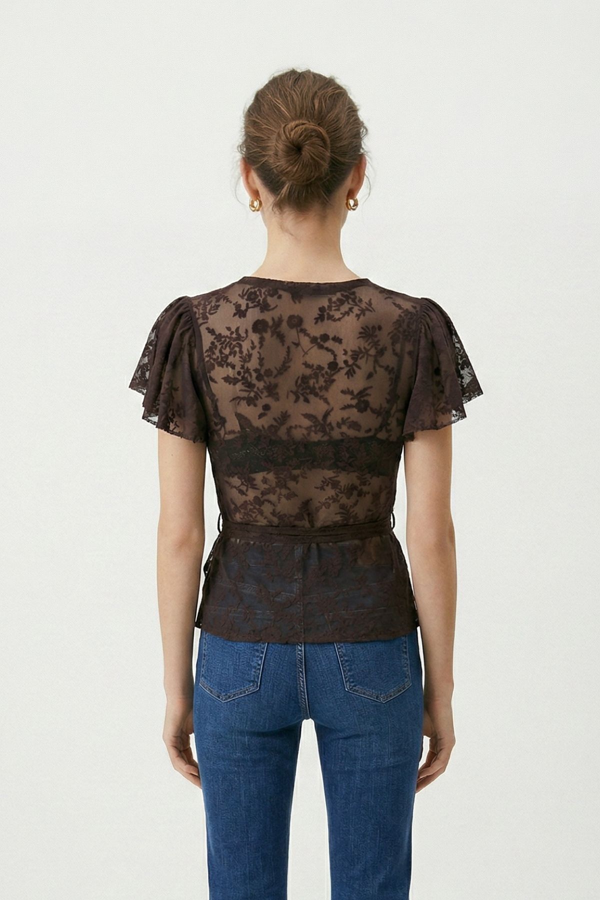 Kahve Yandan Bağlamalı Dantelli Bluz 0148 - RAYS