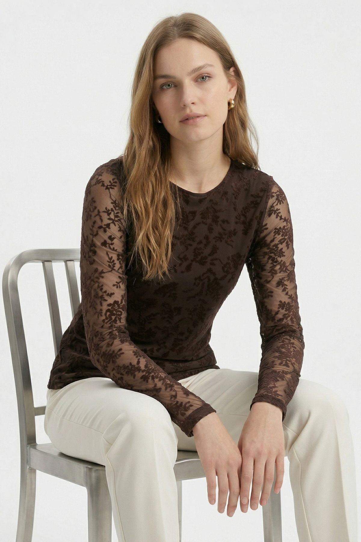 Kahve Yandan Büzgülü Desenli Bluz 8476A 