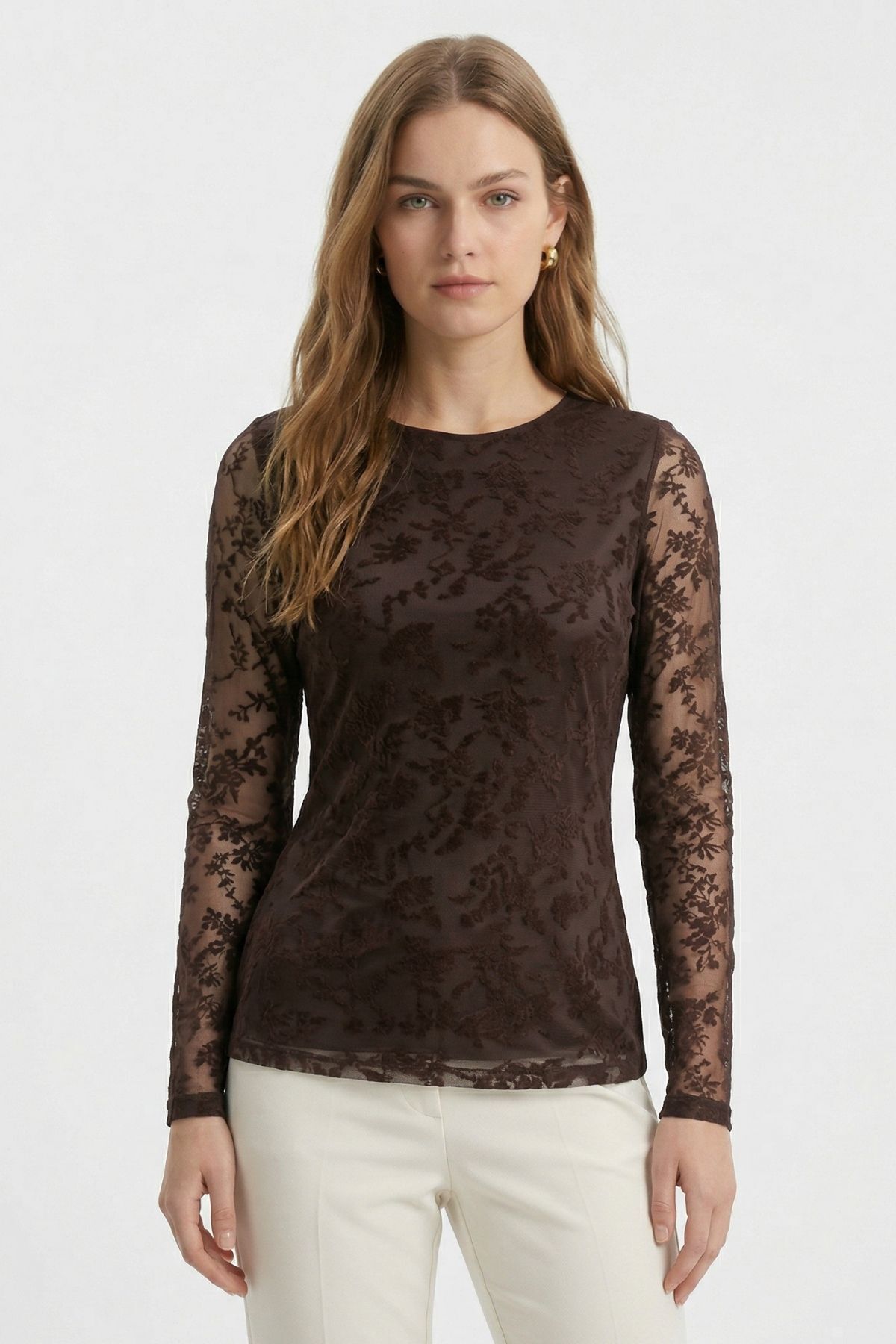 Kahve Yandan Büzgülü Desenli Bluz 8476A - 2