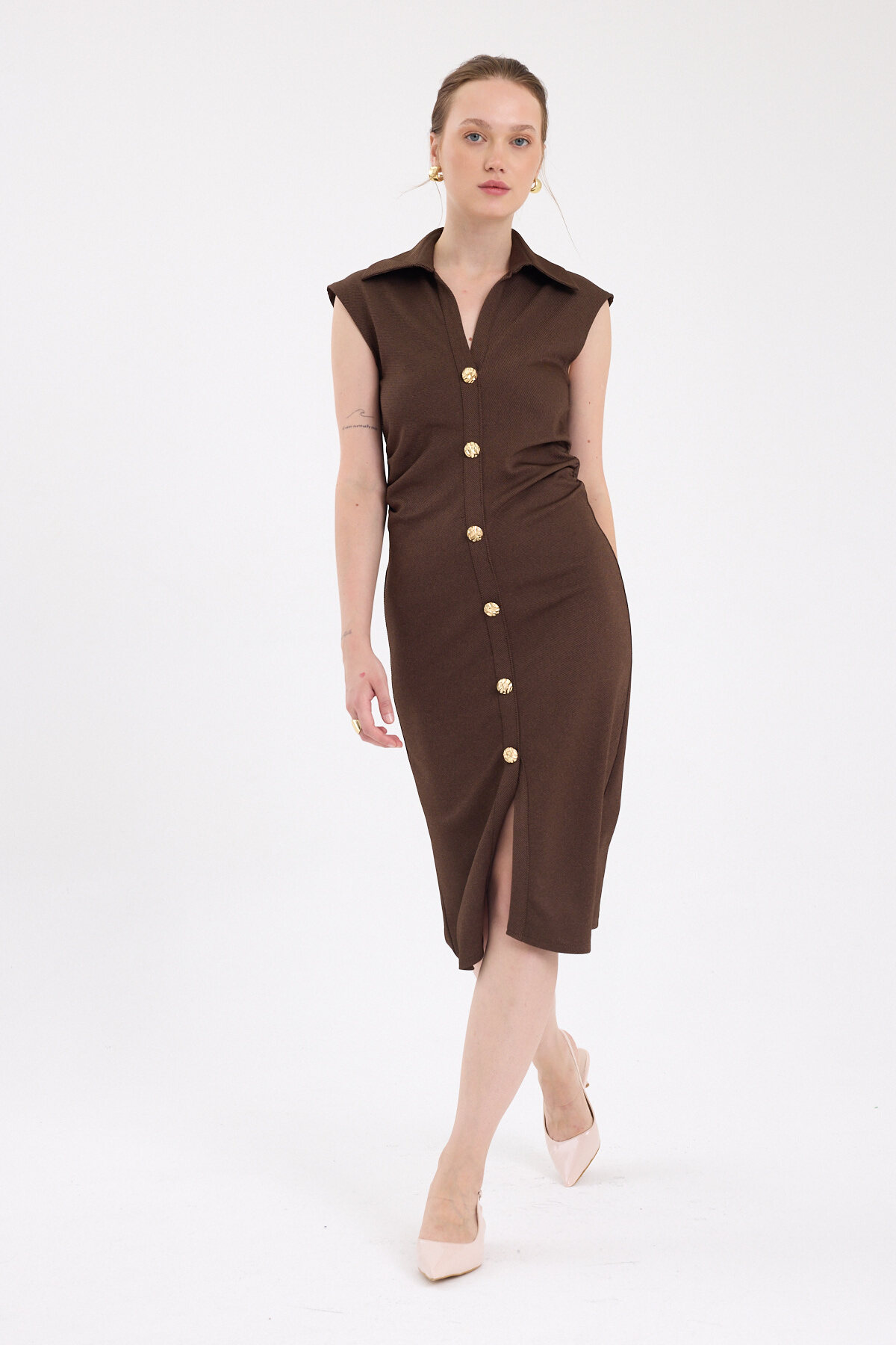Kahve Yanları Büzgülü Kolsuz Gömlek Midi Elbise 8117A - 7