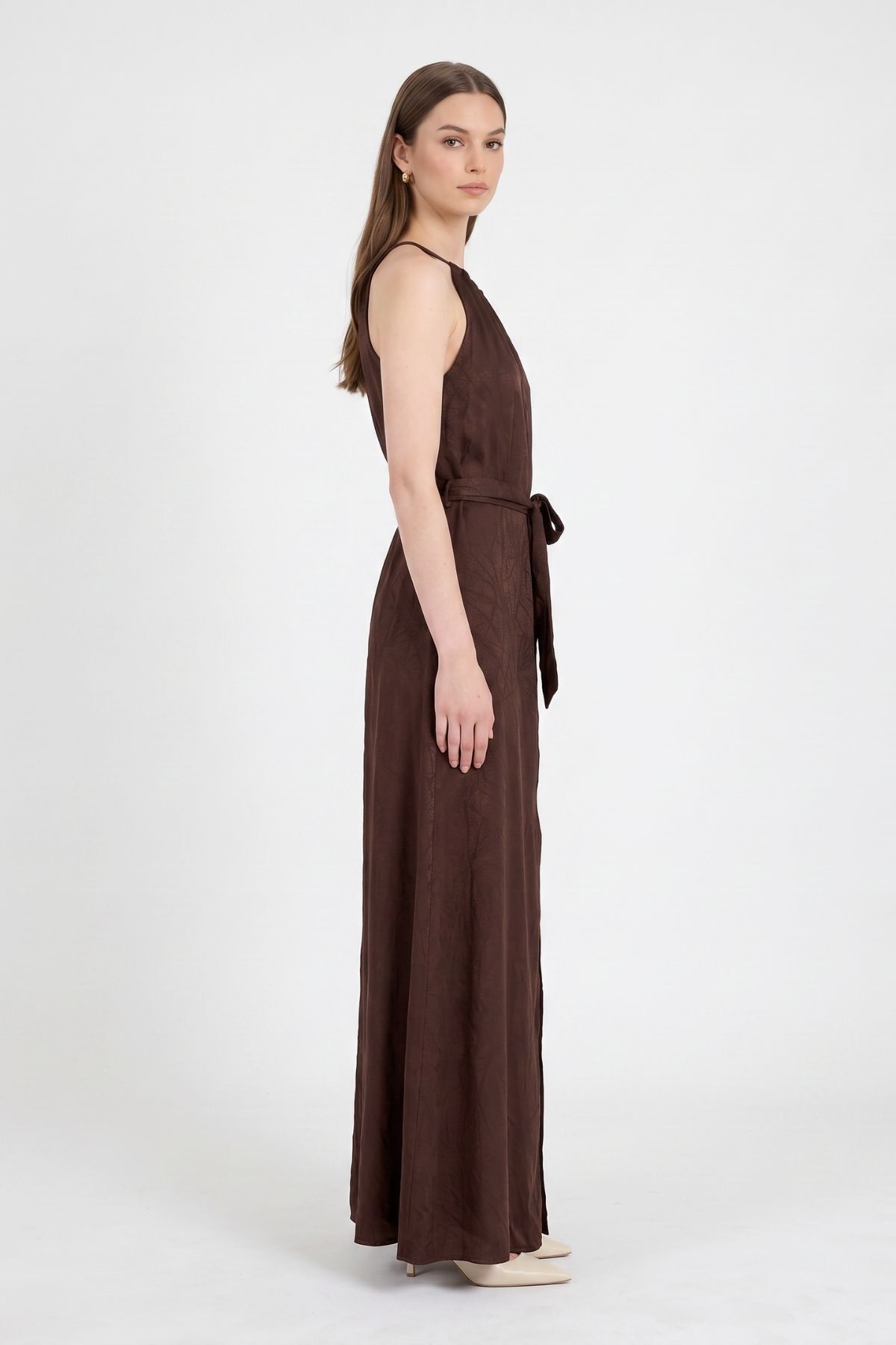 Yırtmaçlı Desenli Elbise 251656 Kahve - RAYS