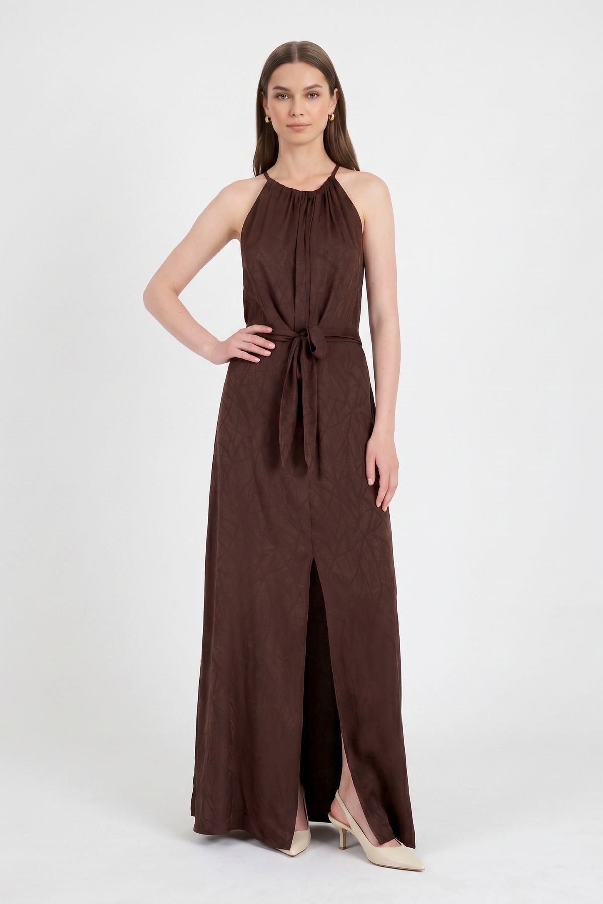 Yırtmaçlı Desenli Elbise 251656 Kahve - 3