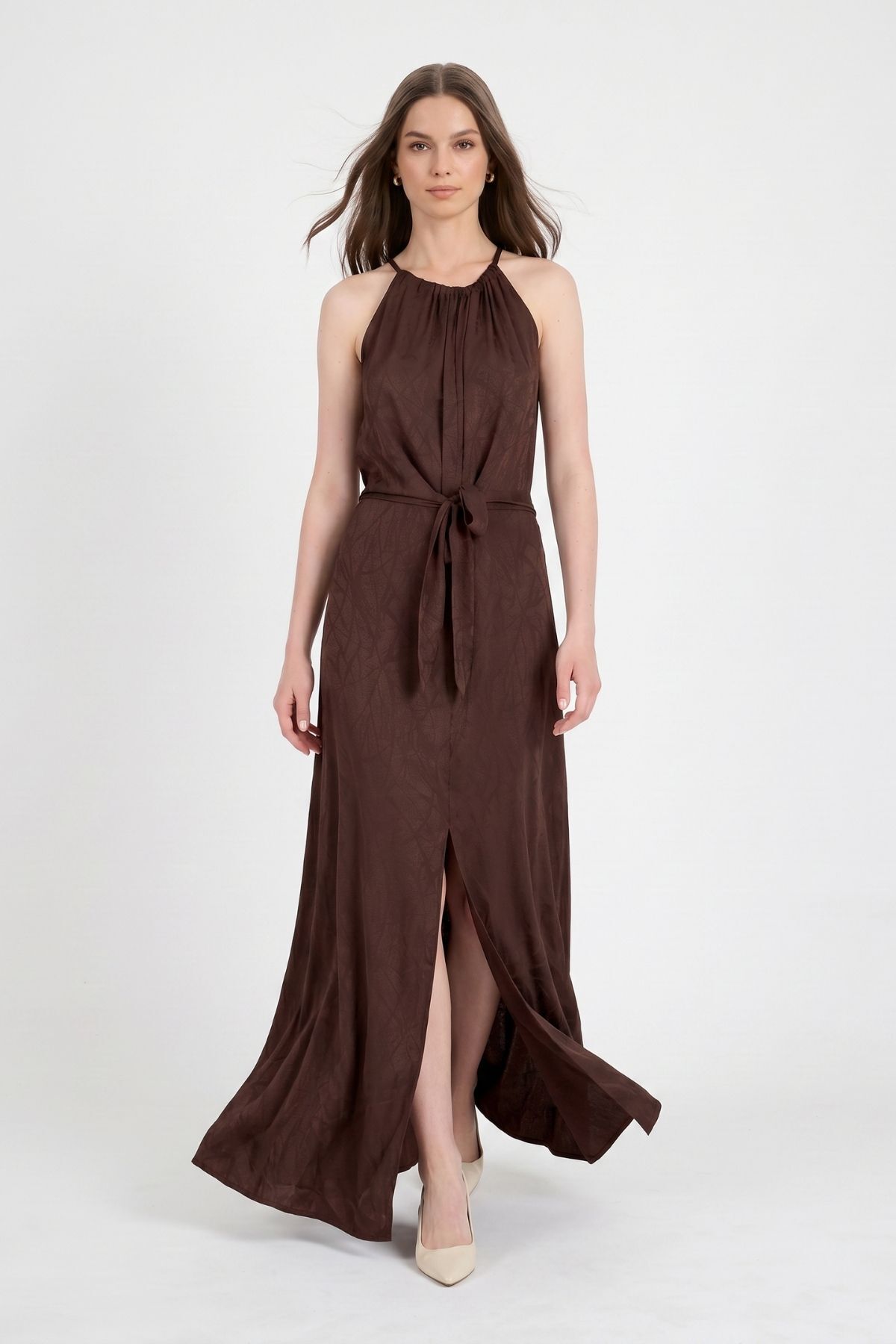 Kahve Yırtmaçlı Desenli Elbise 251656 - 1