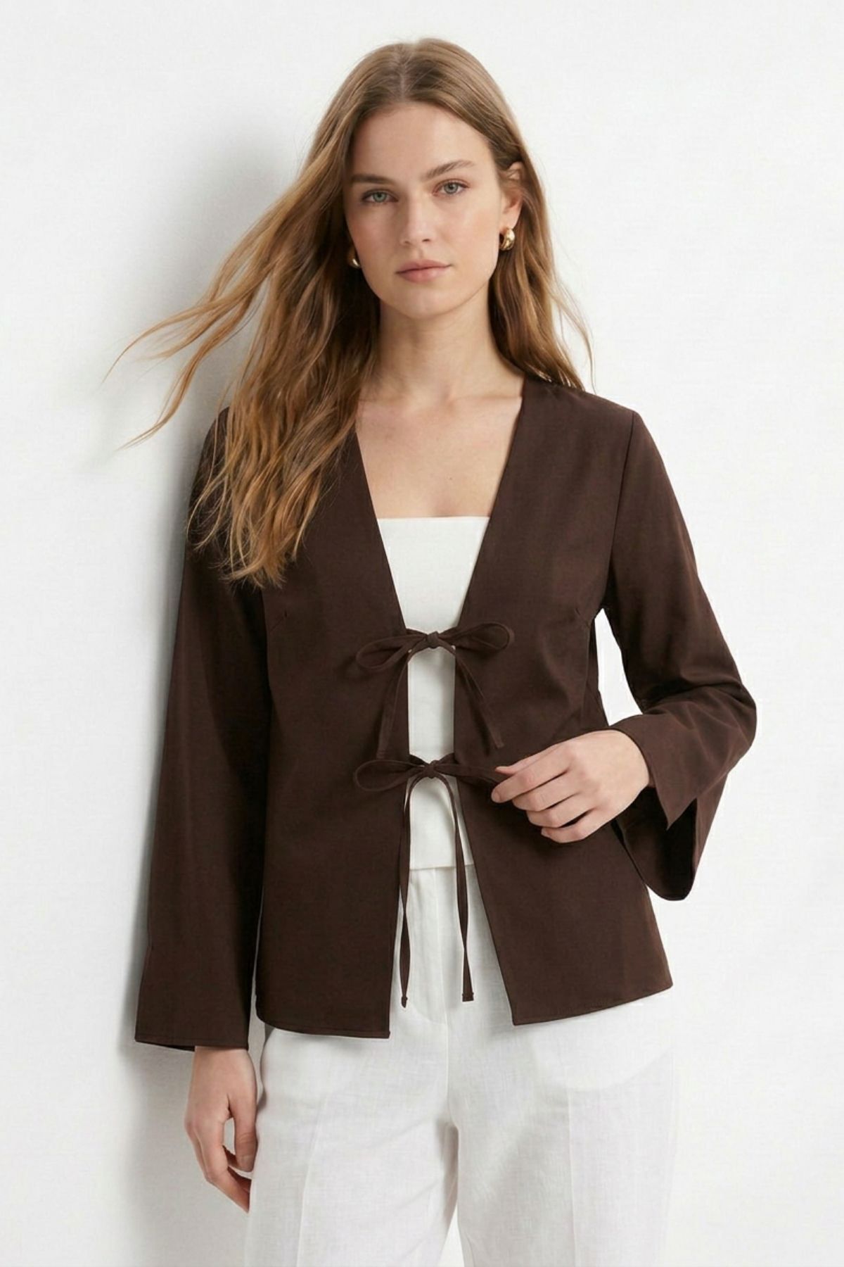 Kahve Yırtmaçlı İspanyol Kol Ön Bağlama Kimono 5425 - 1