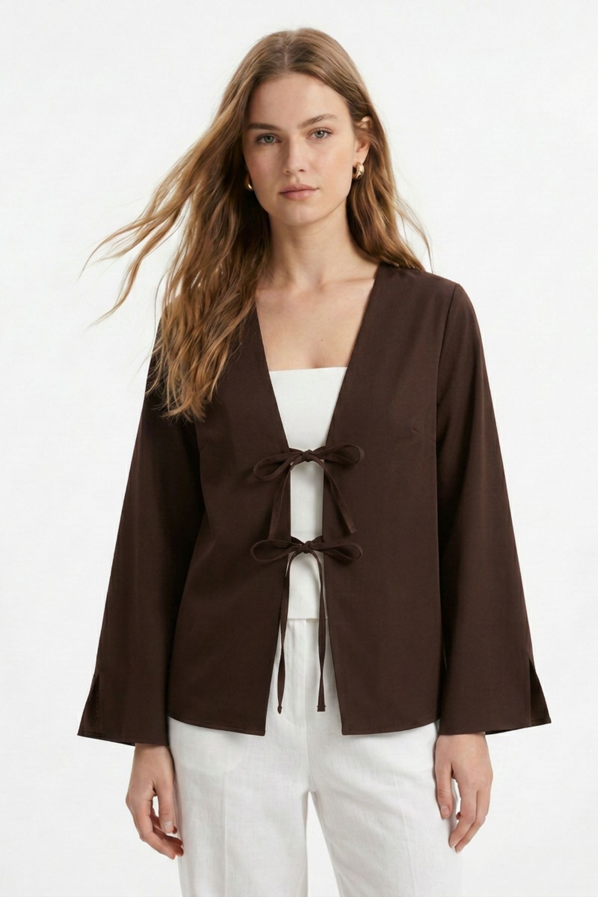 Kahve Yırtmaçlı İspanyol Kol Ön Bağlama Kimono 5425 - RAYS