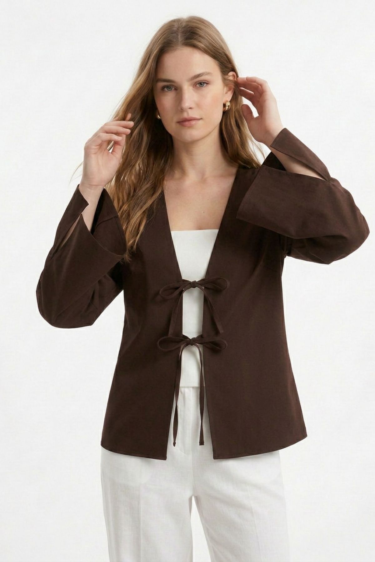 Kahve Yırtmaçlı İspanyol Kol Ön Bağlama Kimono 5425 - RAYS